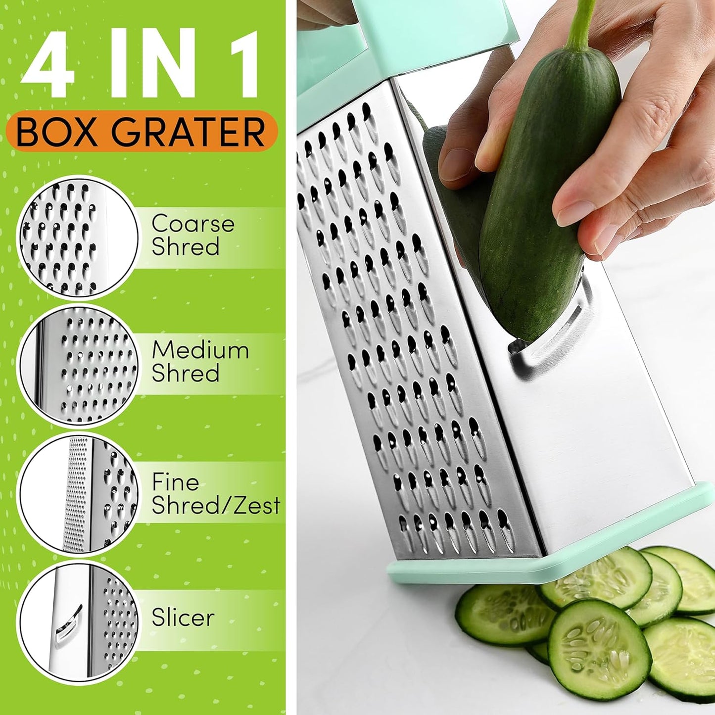 Spring Chef Professional 10" Stainless Steel Parmesan Cheese Grater with Handle, 4 Sided Handheld Box Grater, Kitchen Potato Shredder for Hash Browns, Hard Cheese, Ginger, Vegetables, Carrot - Mint