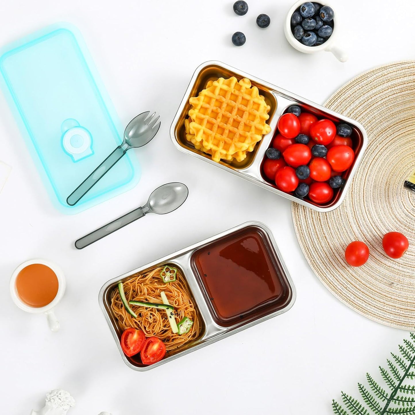 304 Stainless Steel Bento Boxes with Lids, 2pcs Leakproof Double Compartment Snack Containers, Reusable Food Storage Containers for Lunch, Travel & Camping