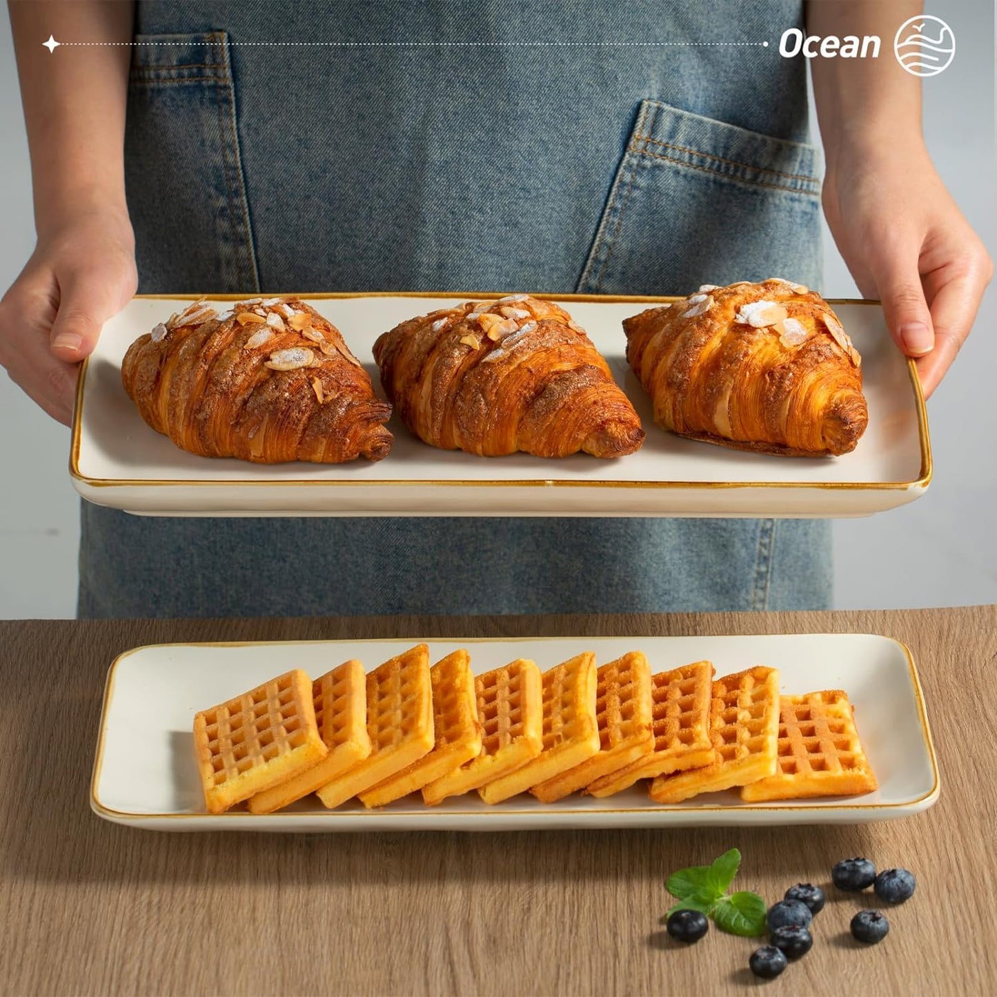 famiware Serving Platter, Rectangular 15.67/14.1/12.6inch Serving Dishes for Entertaining, Microwave Dishwasher Safe, Stoneware Serving Trays for Party, Turkey, Cheese, Ocean Series, Vanilla White