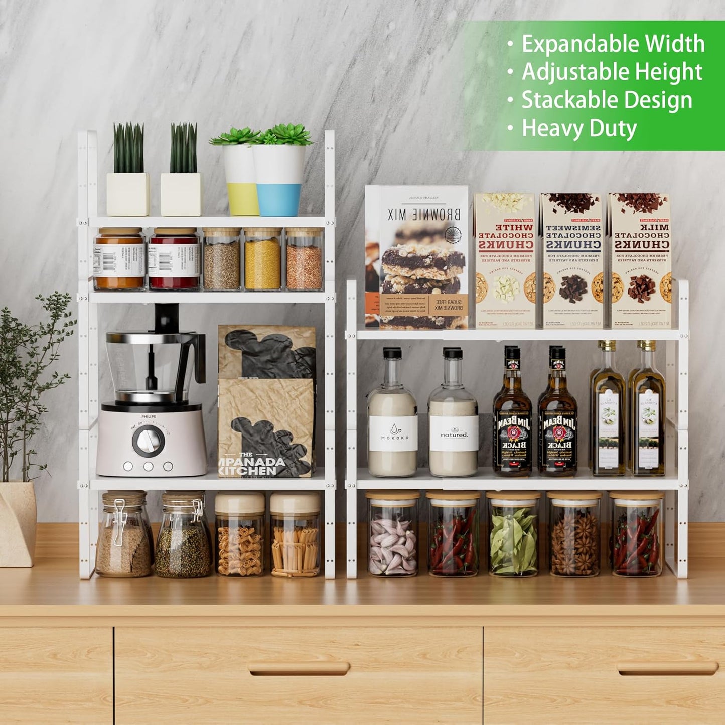 Expandable Cabinet Storage Shelf Stackable Organizer Rack for Kitchen Bathroom Pantry Spice Cupboard Countertop Home Office Desk Heavy Duty Nonslip White Small 2 PACK