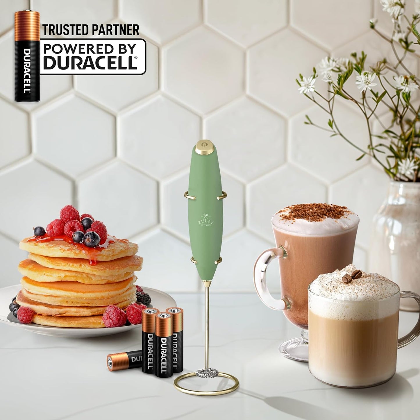 Zulay Kitchen Powerful Milk Frother Wand With 4 AA Duracell Batteries - Ultra Fast Handheld Drink Mixer - Electric Whisk Foam Maker for Coffee, Lattes, Cappuccino, Matcha & Creamer -