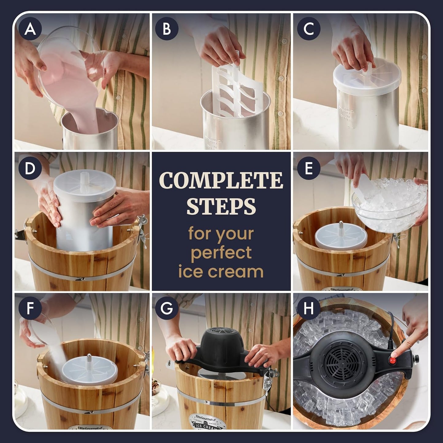 Elite Gourmet EIM916X Old Fashioned 6 Quart Vintage Wood Bucket Electric Ice Cream Maker Machine Appalachian, Bonus Classic Die-Cast Hand Crank for Churning, Uses Ice and Rock Salt