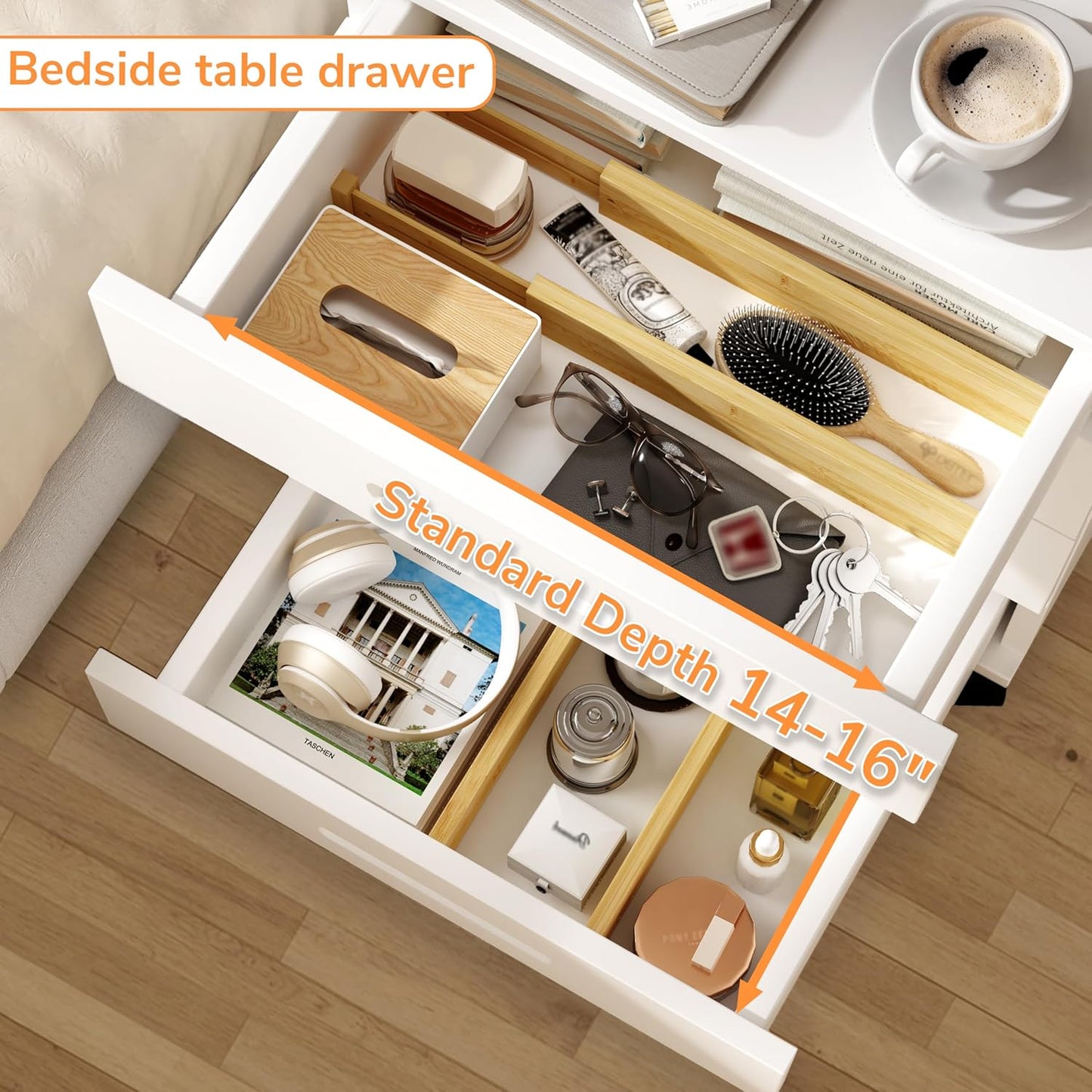 BAMEOS Drawer Divider,Expandable Bamboo Separators Adjustable Utensil Knife Fork Tool Kitchen Organizer, Clothes Fabric Drawer Organizer In Bathroom Bedroom Office, Cabinet Dresser Organizer 4-pack