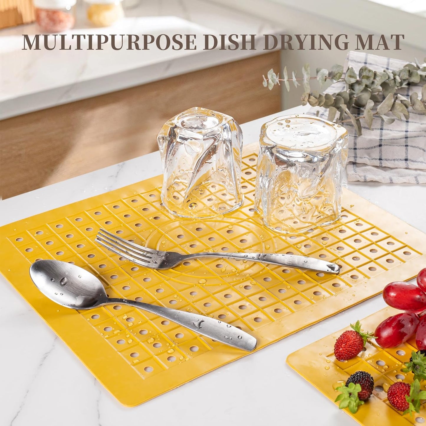 WILLKOMMEN Kitchen Sink Mat, 12" x 10" Rectangular Sink Protector Pad, Fast-Draining Grid Design Liner, Dish Drying Mat 2 Pack Yellow