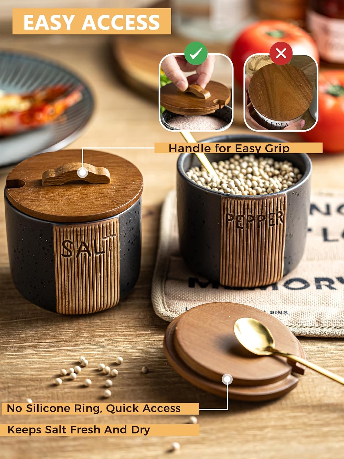 Salt Container for Countertop, Ceramic Salt Cellar with Lid & Spoon, Farmhouse Salt Bowl, 10 OZ, Black