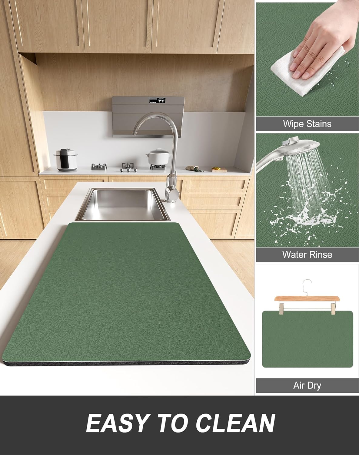 Rnivvi Dish Drying Mat for Kitchen Counter, 12 x 19" Super Absorbent Drainer Pad Easy Clean Dish Rack Pad, Non-Slip Heat Resistant Coffee Bar Mats for Coffee Machine Station Accessories, Forest Green