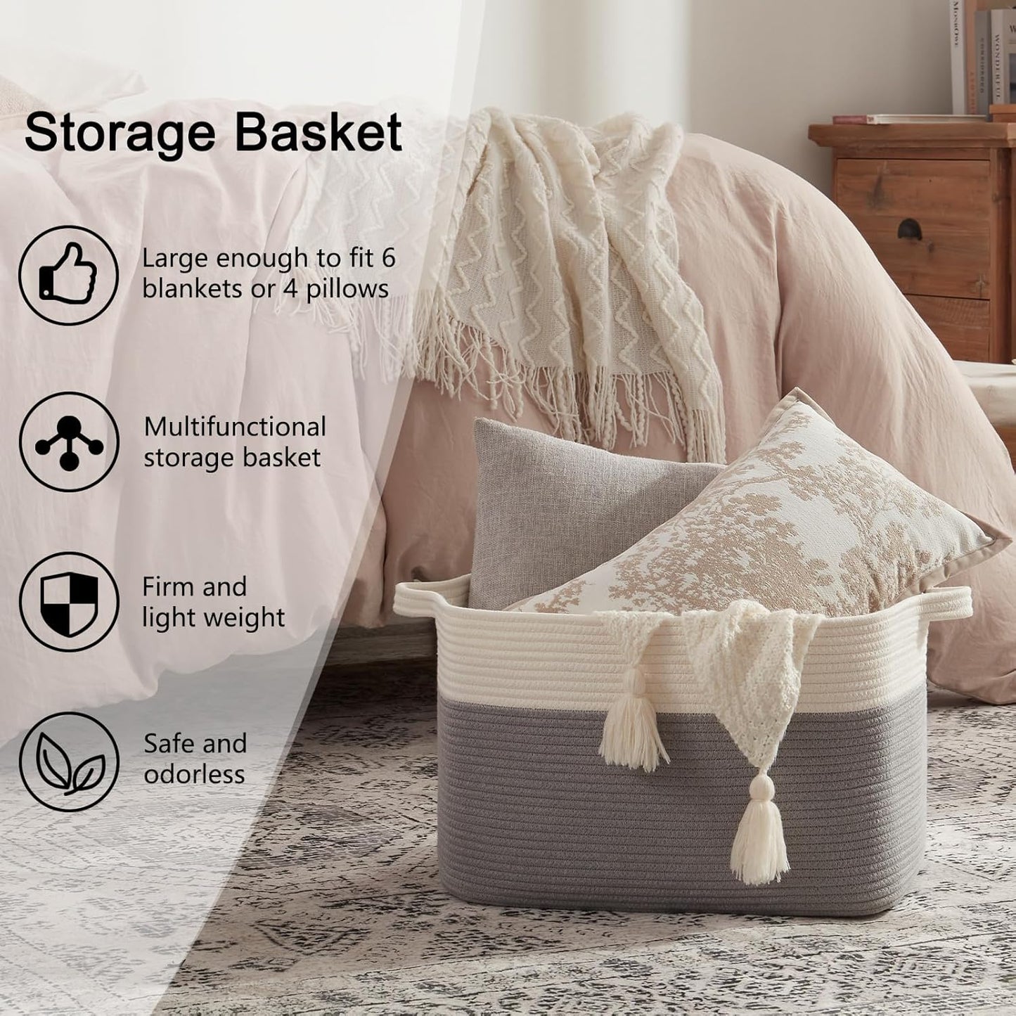 OIAHOMY 65L Blanket Basket, Cotton Rope Woven Blanket storage for Living Room, Rectangle Woven Baskets for Storage, 20''×16''×12'', Grey and White