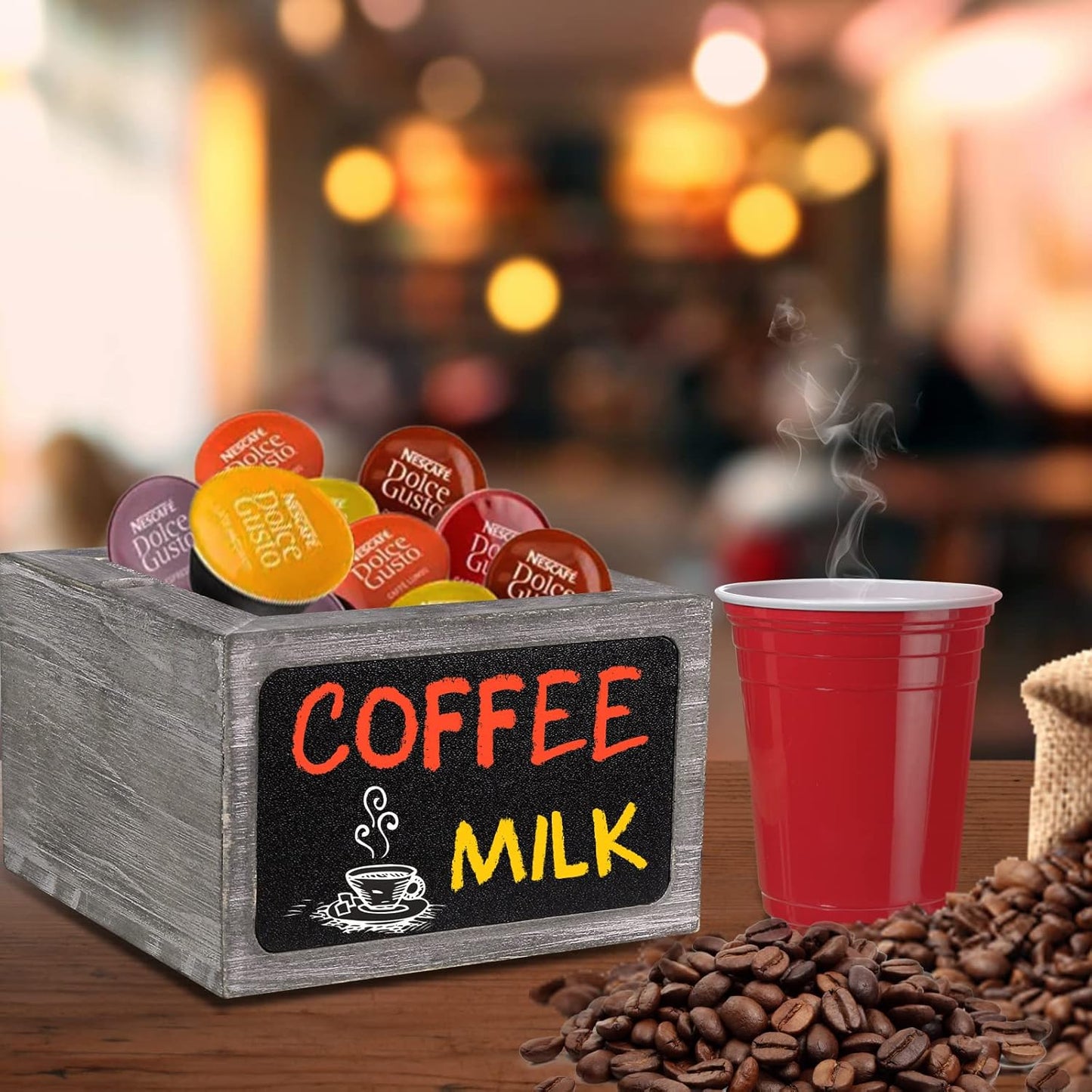 Wooden Cup Holder - Party Cup Holder with Marker Slot, with Chalkboard for Party and Wedding, Rustic Cup Holder for Countertop, Grey