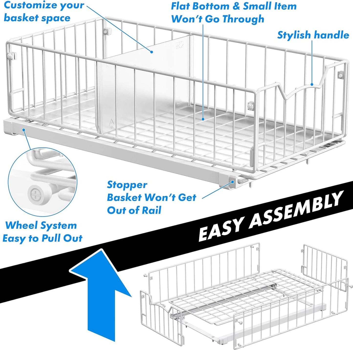 Simple Houseware Pull-Out Cabinet Sliding Basket Organizer, 17.2" D x 9.7" W x 5" H – White, Ideal for Kitchen and Bathroom Cabinet Storage, Under Sink or Pantry Organization