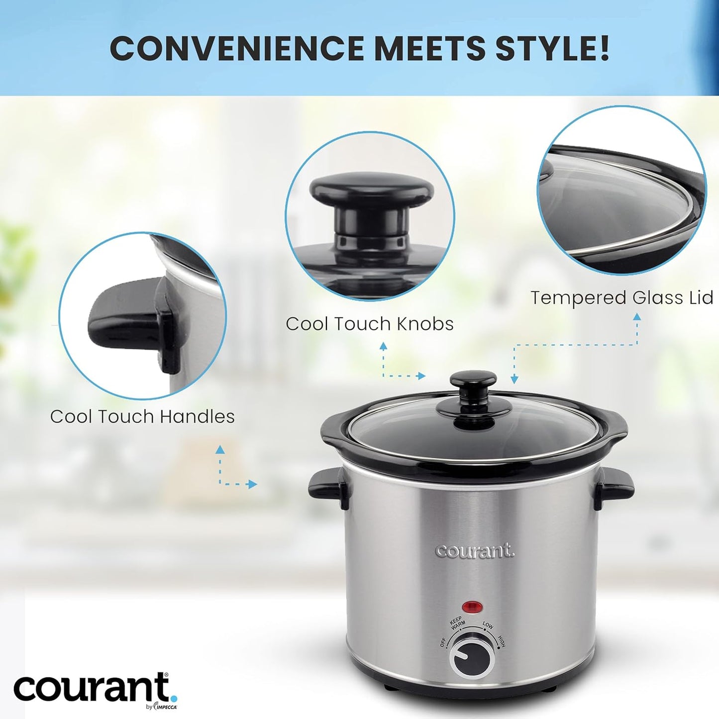 Courant Slow Cooker 3.2 Quart - Stainless Steel, Removable Ceramic Insert & Glass Lid With Three Temperature Settings