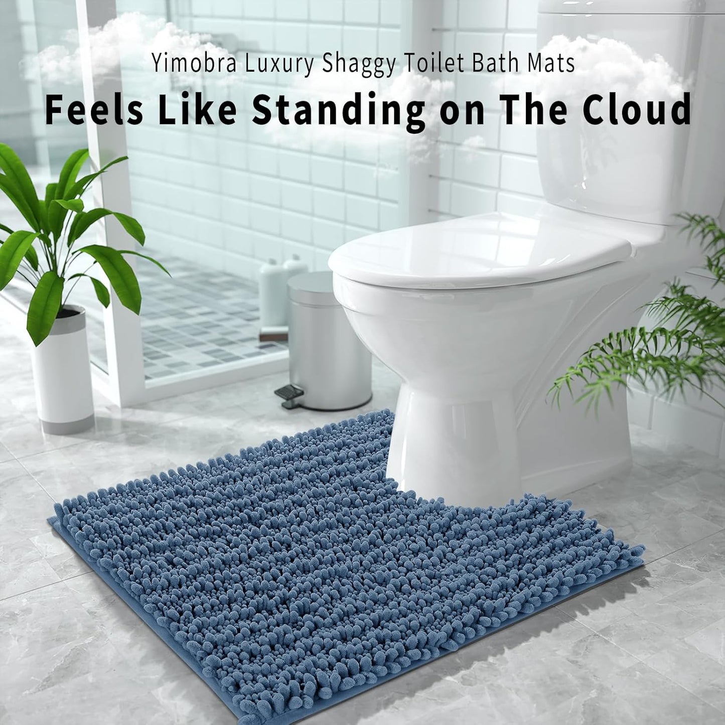 Yimobra Toilet Rug U Shaped Washable 24x20 Inch - Ultra Soft Absorbent Chenille Bath Rugs for Toilet, Quick Dry & Machine Washable, Non Slip Contour Bathroom Mat, Denim Blue