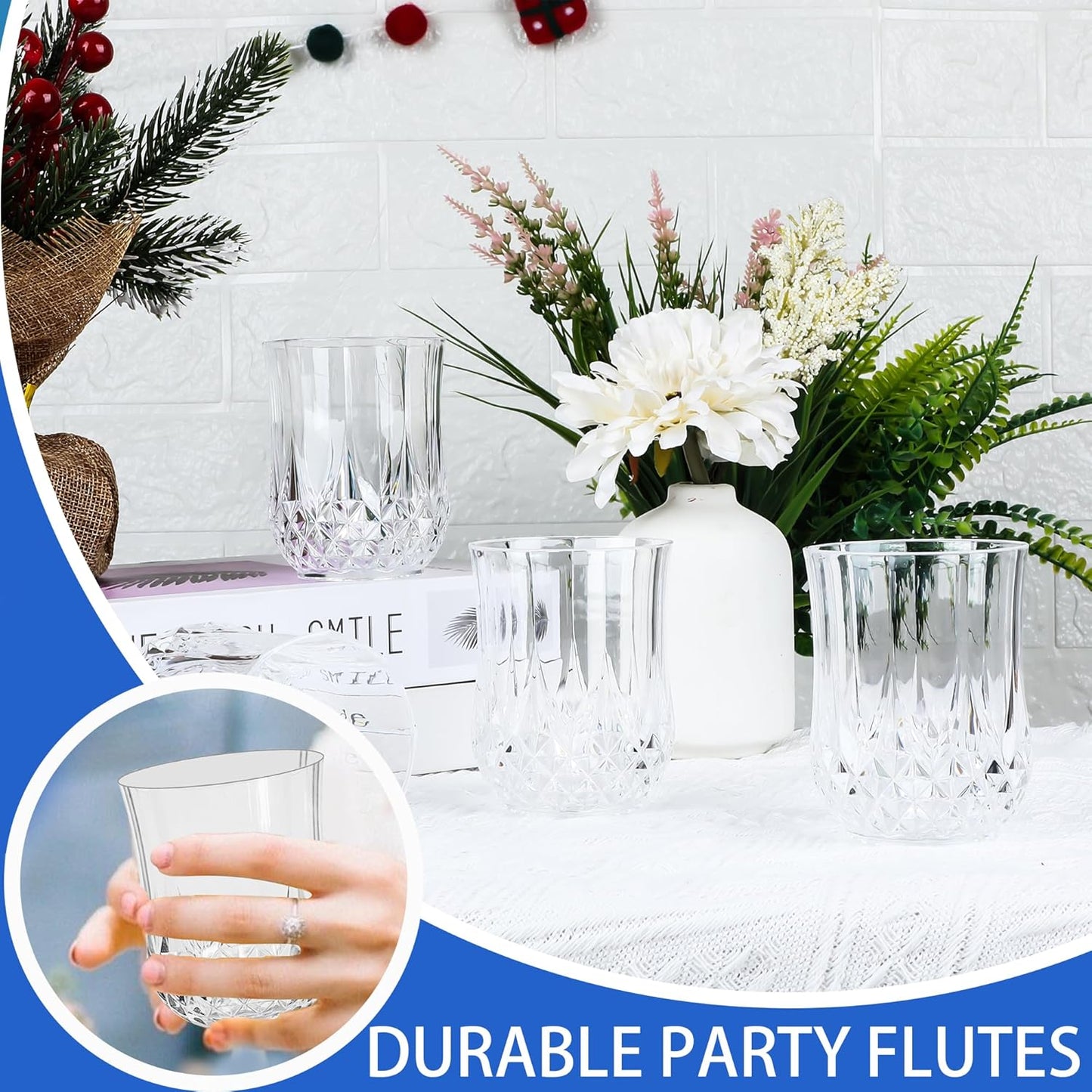 48 PCS Transparent Stemless Wine Glasses,Plastic Reusable Cups 9OZ Vintage Drinking Glasses Tumblers for Whisky, Beer, Juice, Beverages, Cocktai