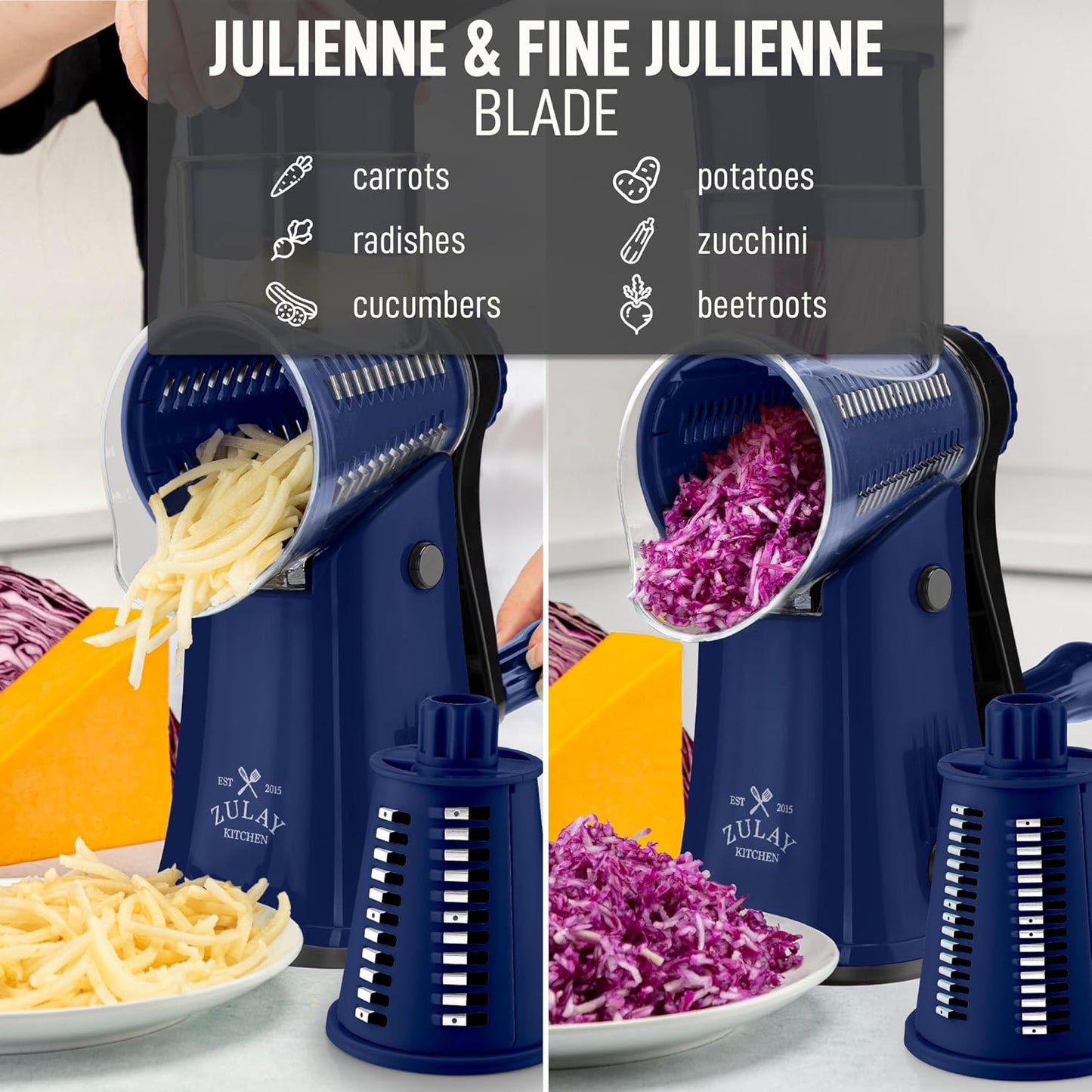 Zulay Kitchen Rotary Cheese Grater 5 Blade Cheese Shredder - Manual Hand Crank Cheese Grater With Reinforced Suction & 5 Interchangeable Drums - Easy to Use, Vegetable Chopper Round Mandoline Slicer