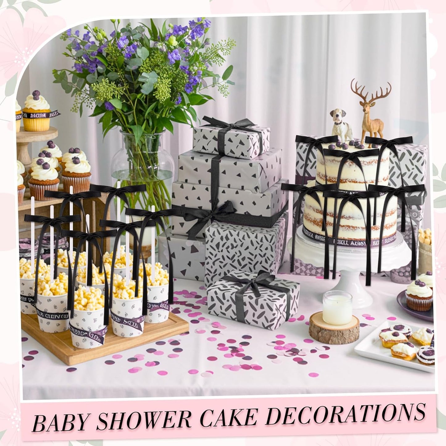 30 Pack Bow Cake Toppers Black Bows for Cake Coquette Themed Bow Cupcake Toppers Black Bow Birthday Decorations for Baby Shower Birthday Wedding Bachelorette Party Supplies