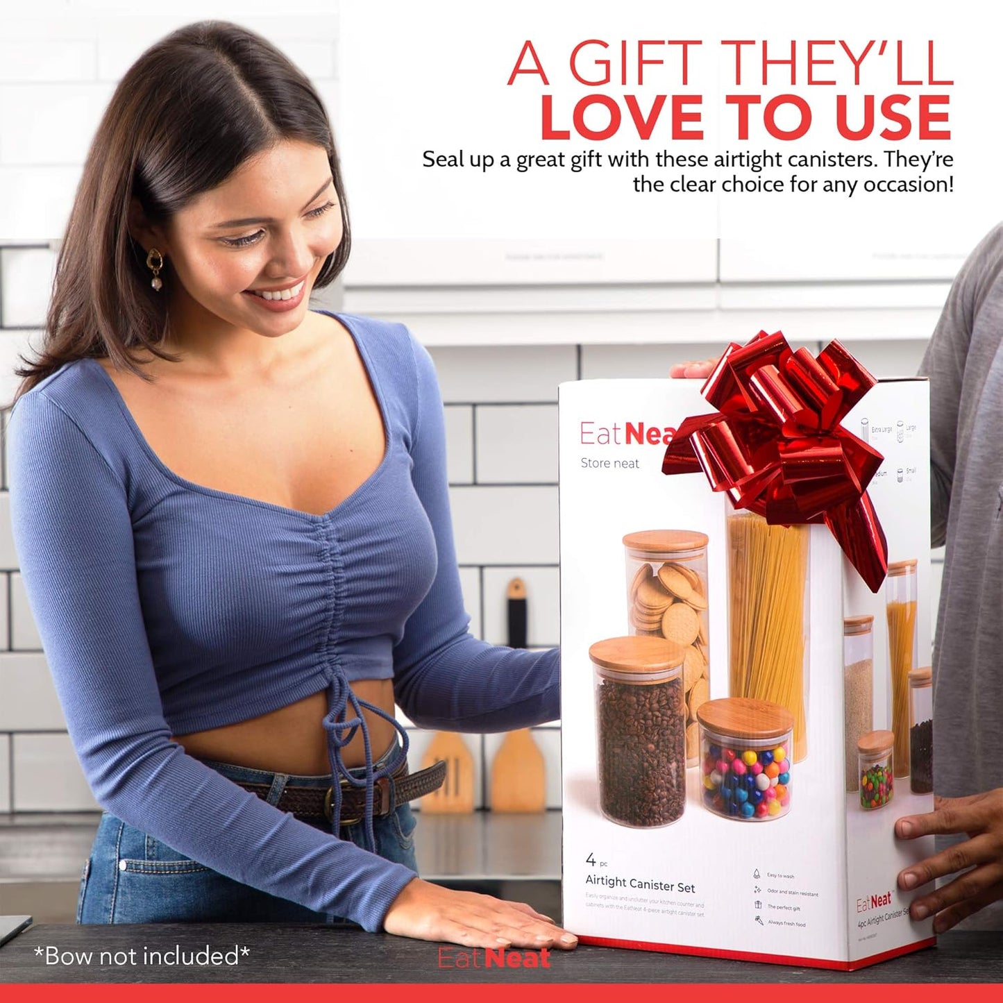 EatNeat 4‑Piece Glass Canister Set with Airtight Bamboo Lids – Giftable Kitchen Storage – Tall Jar Fits Spaghetti – 74/56/36/20 oz for Pantry, Dry Goods, Coffee, Snacks & More