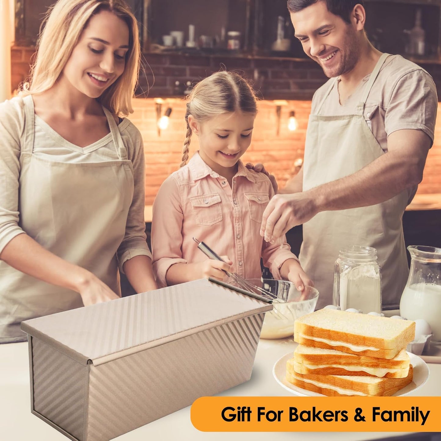 2-pack 2.2lb Gold Pullman Loaf Pan with Lid, Premium Non-Stick Coating Bread Pan, PFTE and PFOA-Free, Safe and Healthy Baking for Homemade Bread with Family-sized Recipes