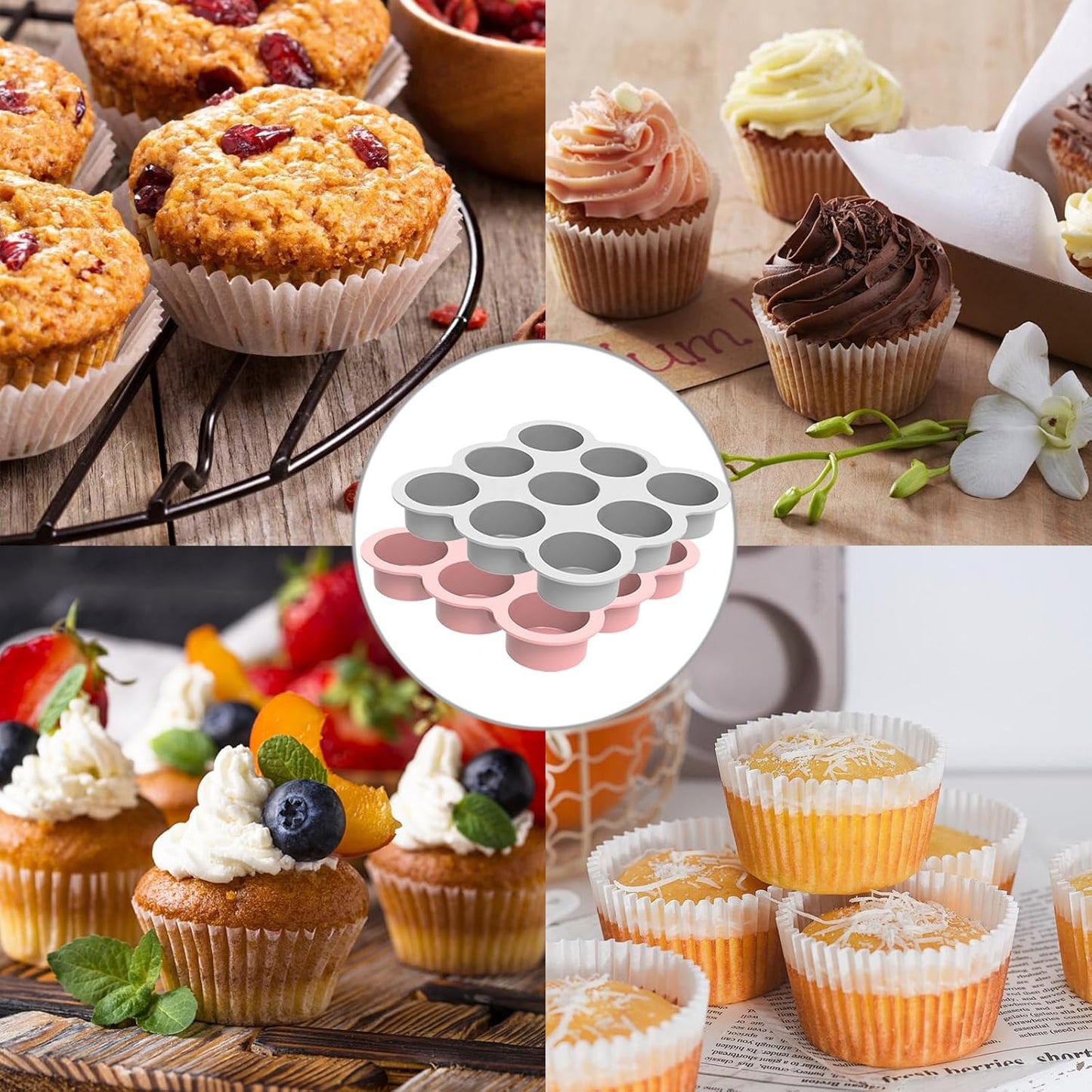 Uudimee Silicone Muffin Pan -9cups Mini Muffin Pan Non-Stick Silicone Mold, 2Pcs Silicone Mini Muffin Pan Is Perfect For Muffins, Cakes, Tarts, Breads, Dishwasher Safe-9Cups (Pink + Gray)