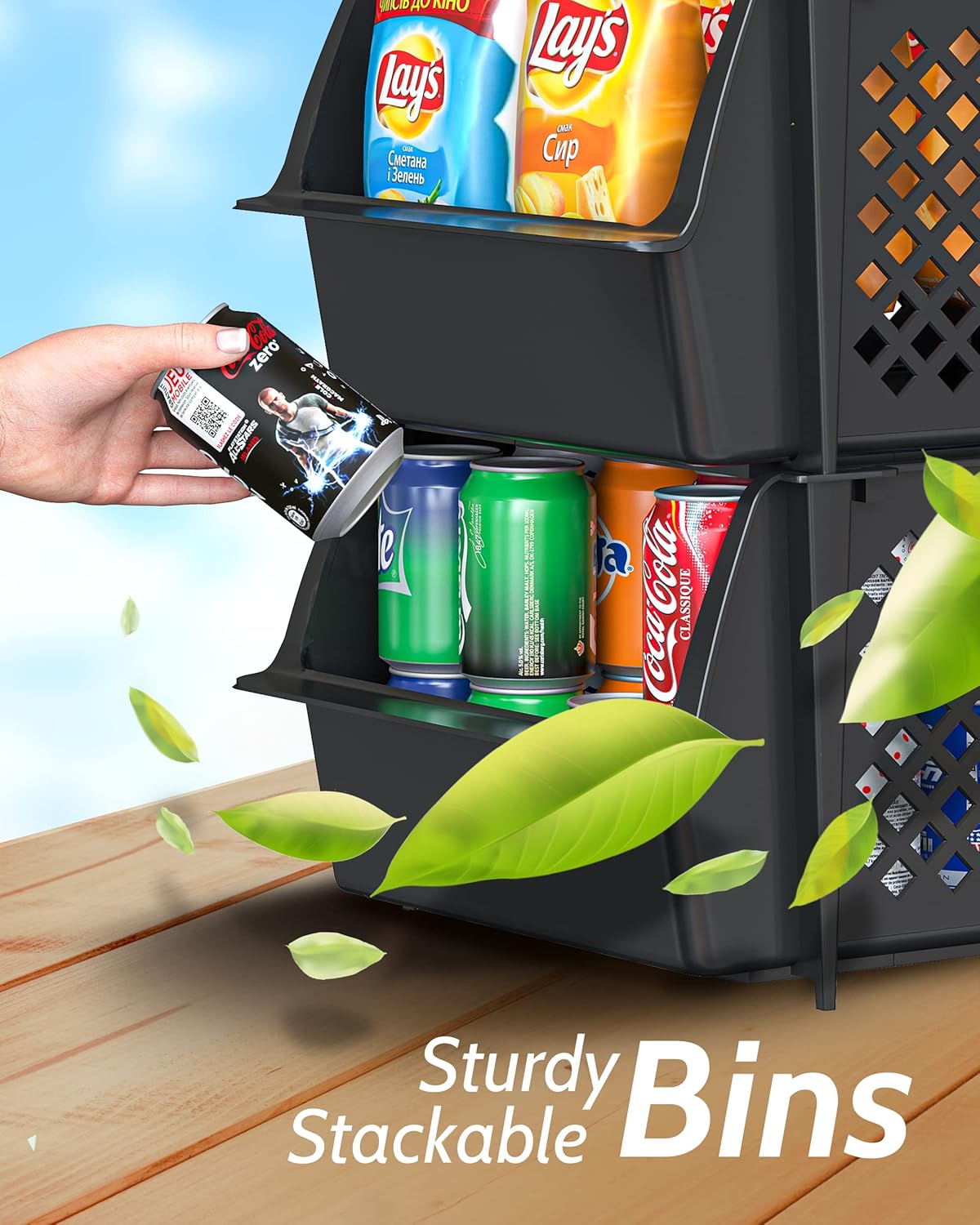 Skywin TidyFriend Stackable Storage Bins for Pantry, 4 Pack Stackable Bins For Organizing Food, Kitchen, and Bathroom Essentials (Black)