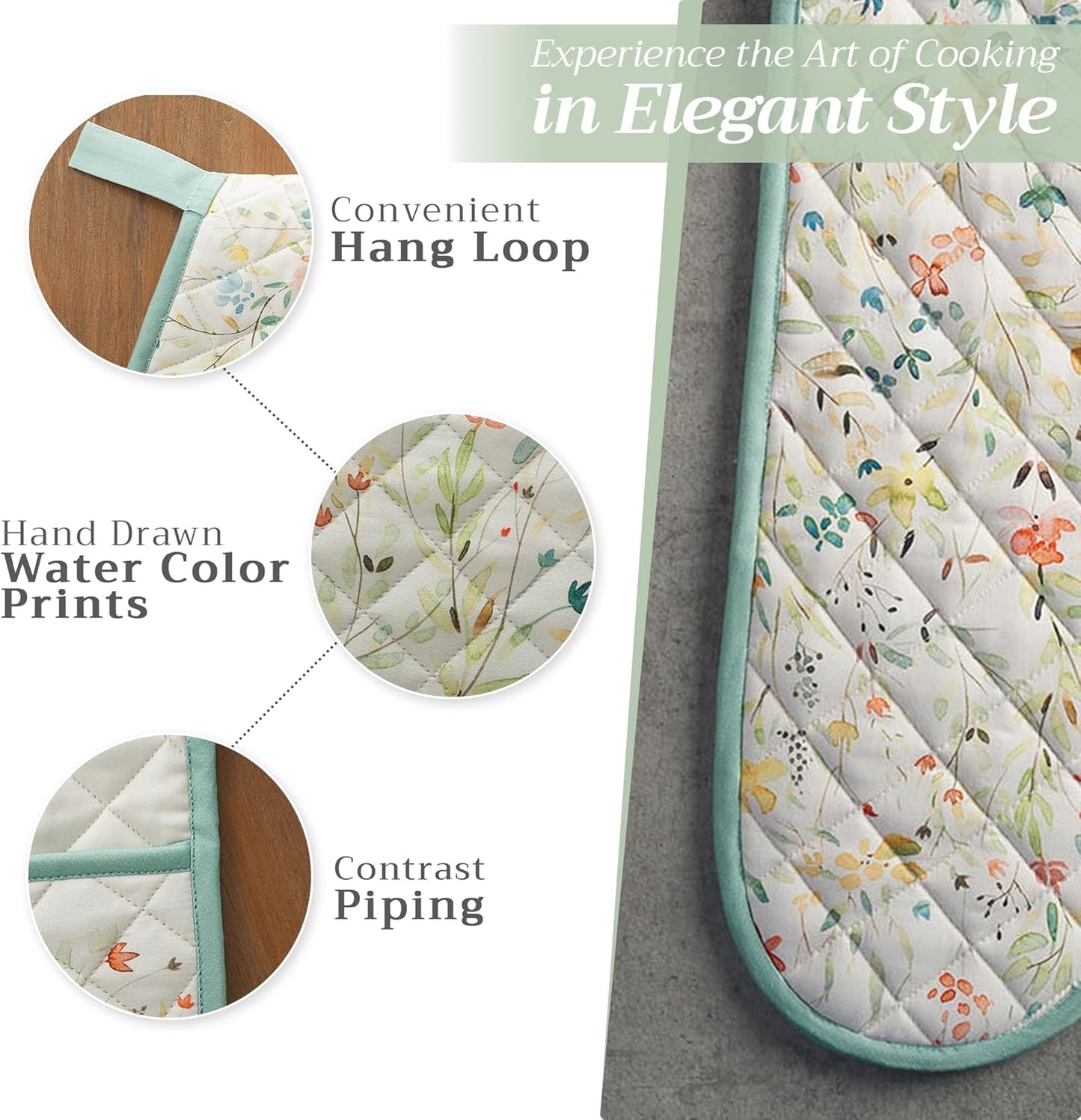 Maison d' Hermine Double Oven Mitts 100% Cotton 7"x35" Double Oven Mitt Heat Resistant BBQ Cooking Gloves with Loop, Baking, Grilling, Home, Kitchen, Handling Hot Pans Spring Summer (Colmar)