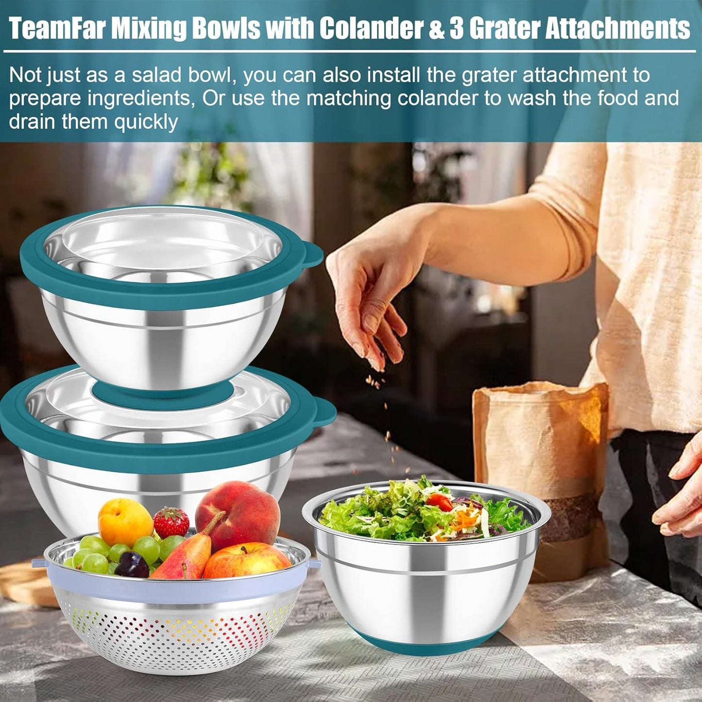 TeamFar Mixing Bowls with Colander Set, Stainless Steel Strainer and Nesting Salad Bowls, with Lids & 3 Graters, Non-Slip Bottom & Visible Lid, Rotatable & Dishwasher Safe, 4.6/3/1.5 QT, Blue