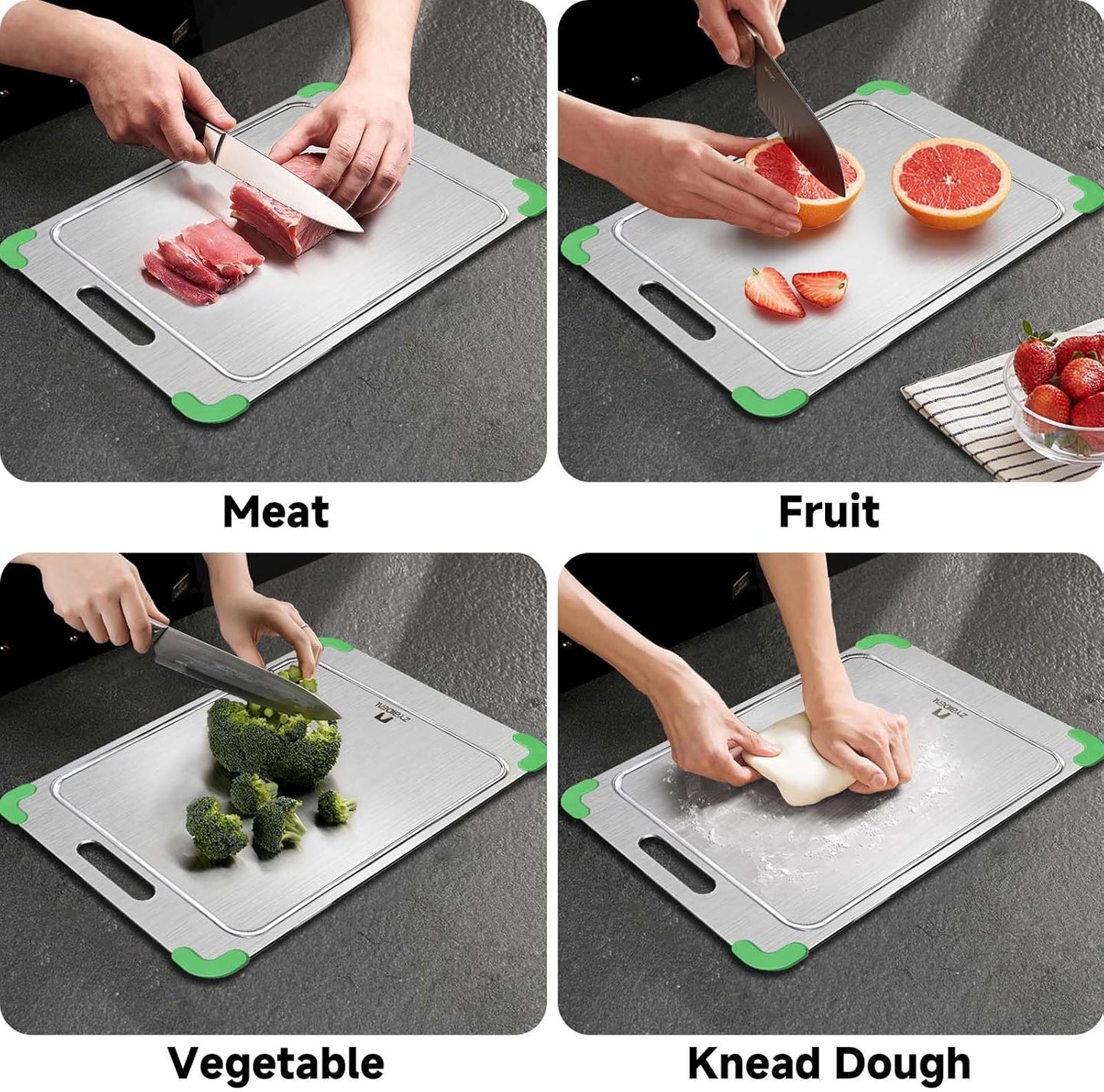 100% Pure Titanium Cutting Board with Grooves, Update Double Side Titanium Chopping Board, Silicone Anti-slip Stainless Cutting Boards for Kitchen 9 * 13 IN, Green