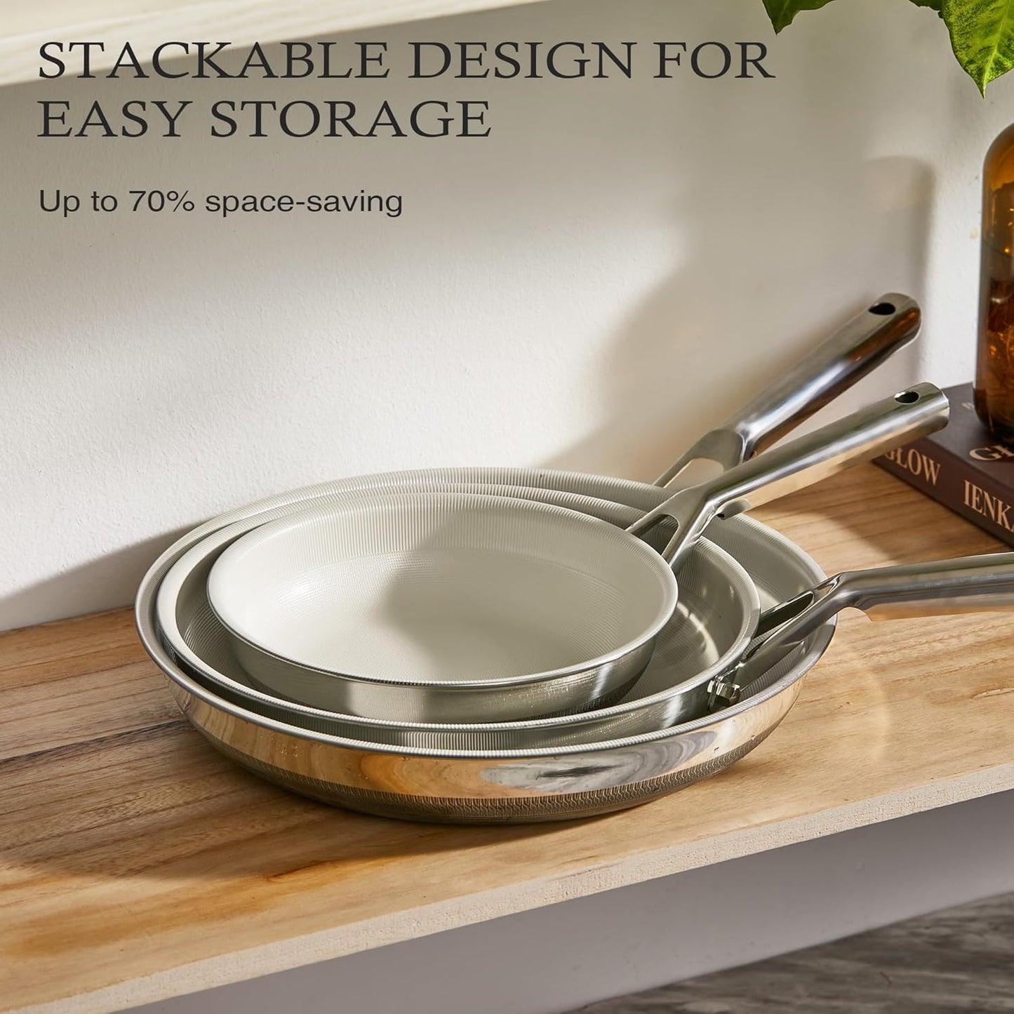 KITEXPERT Non Stick Frying Pans Set, Beige Titanium Ceramic Pan, Nonstick Skillet Stainless Steel, PFAS, PFOA & PTFE Free, Dishwasher & Oven Safe, All Cooktops Compatible, 3 Piece (8", 10", 12")