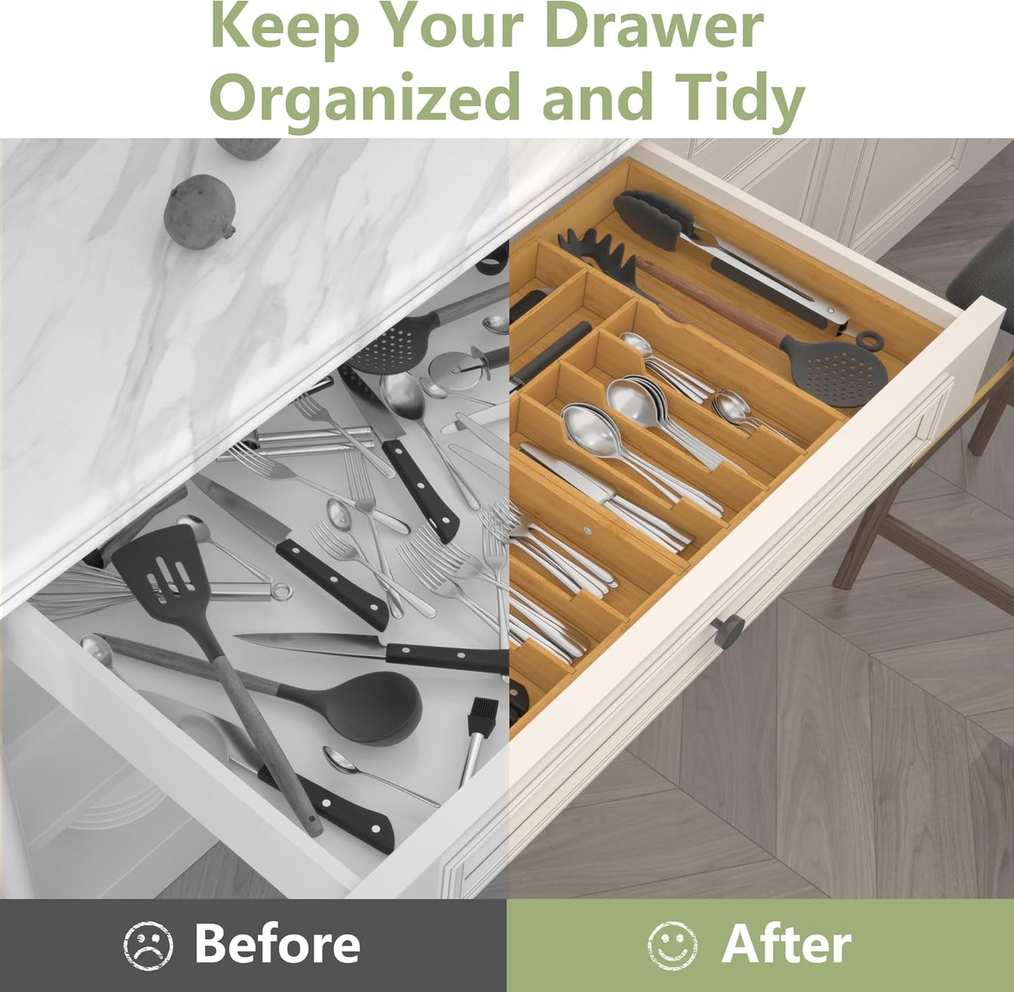 Suli Large Silverware Drawer Organizer,Adjustable Kitchen Flatware for Forks Knives and Spoons, Bamboo Cutlery Utensil Holder,Expandable from 12in-37in,Natural Bamboo