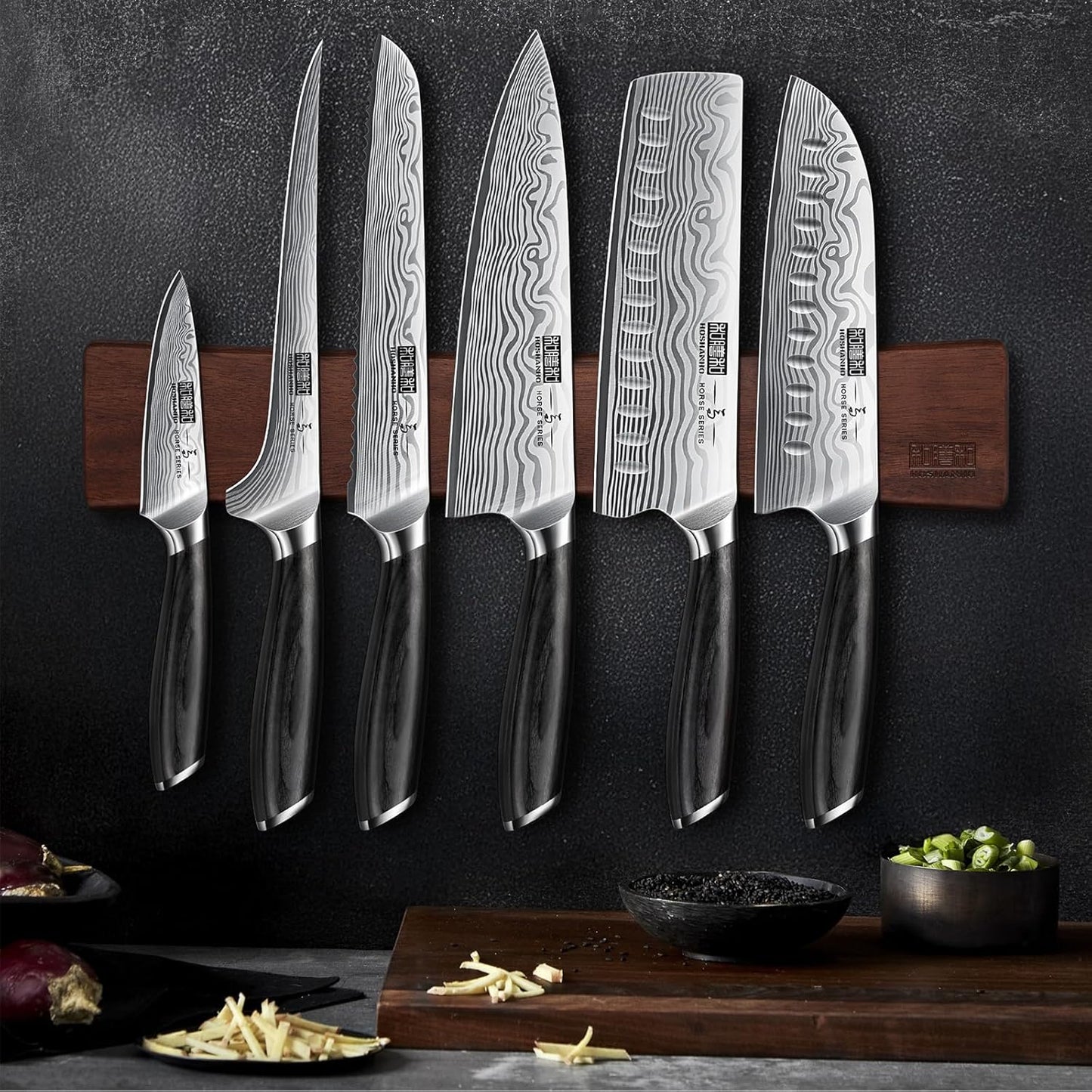 HOSHANHO 7 Pieces Knife Set with Magnetic Knife Holder, Ultra Sharp Powder Steel Kitchen Knives Set, Professional Chef Knife Sets with Ergonomic Pakkawood Handle