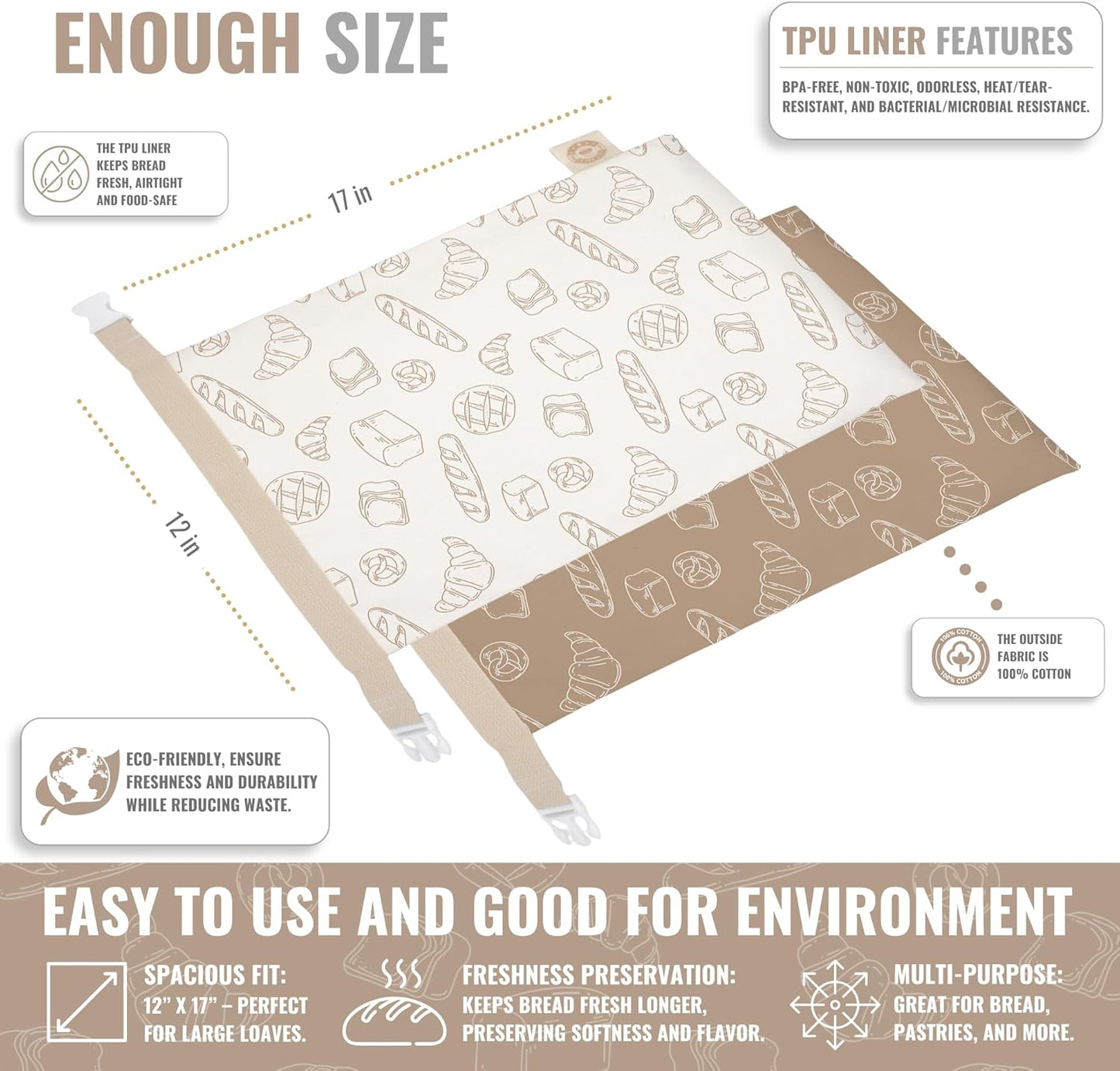 Cozy Bread® Reusable Bread Bag Set for Home Bakers | USA Brand | Charming Designs (Bread)