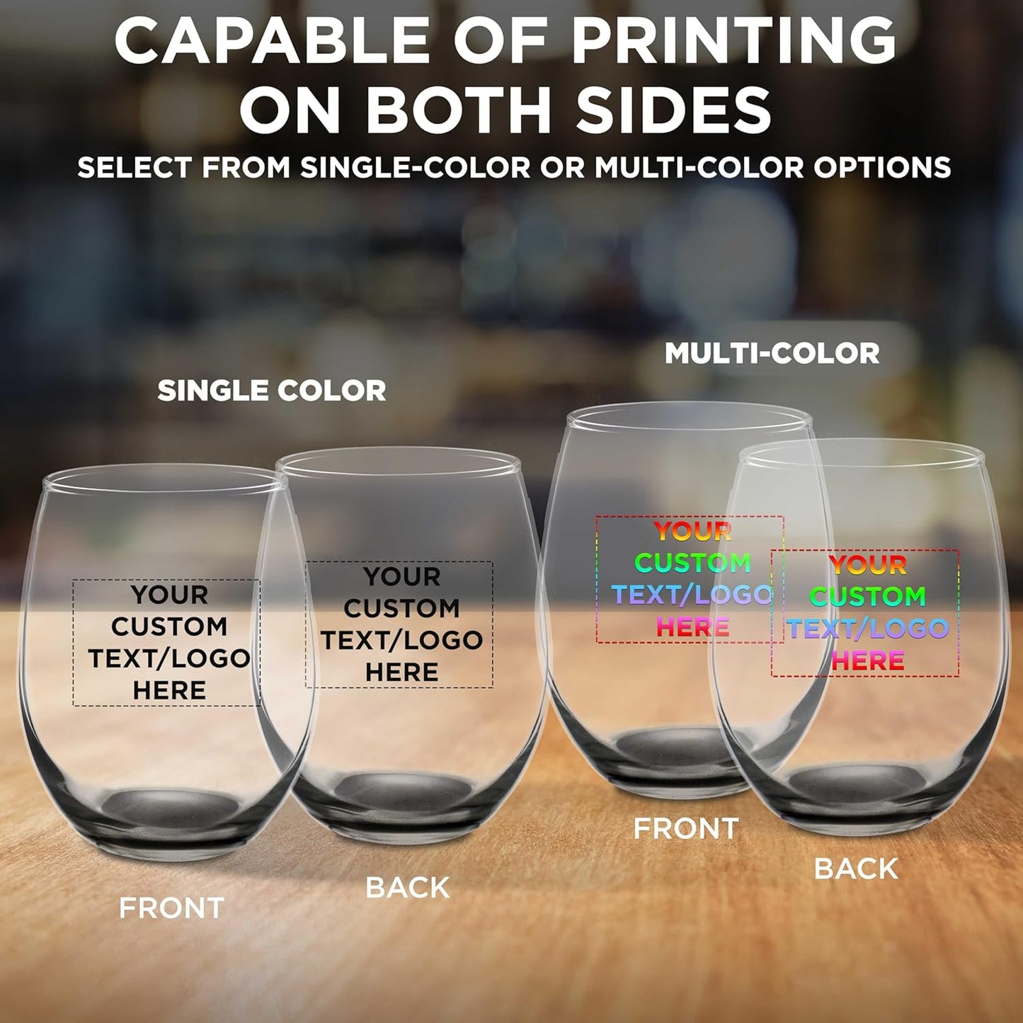 Custom Stemless Wine Glasses in Bulk by ARC Perfection, 15 oz, 100 pack, Personalized Text, Logo, Red or White Wine Glass Set, Black