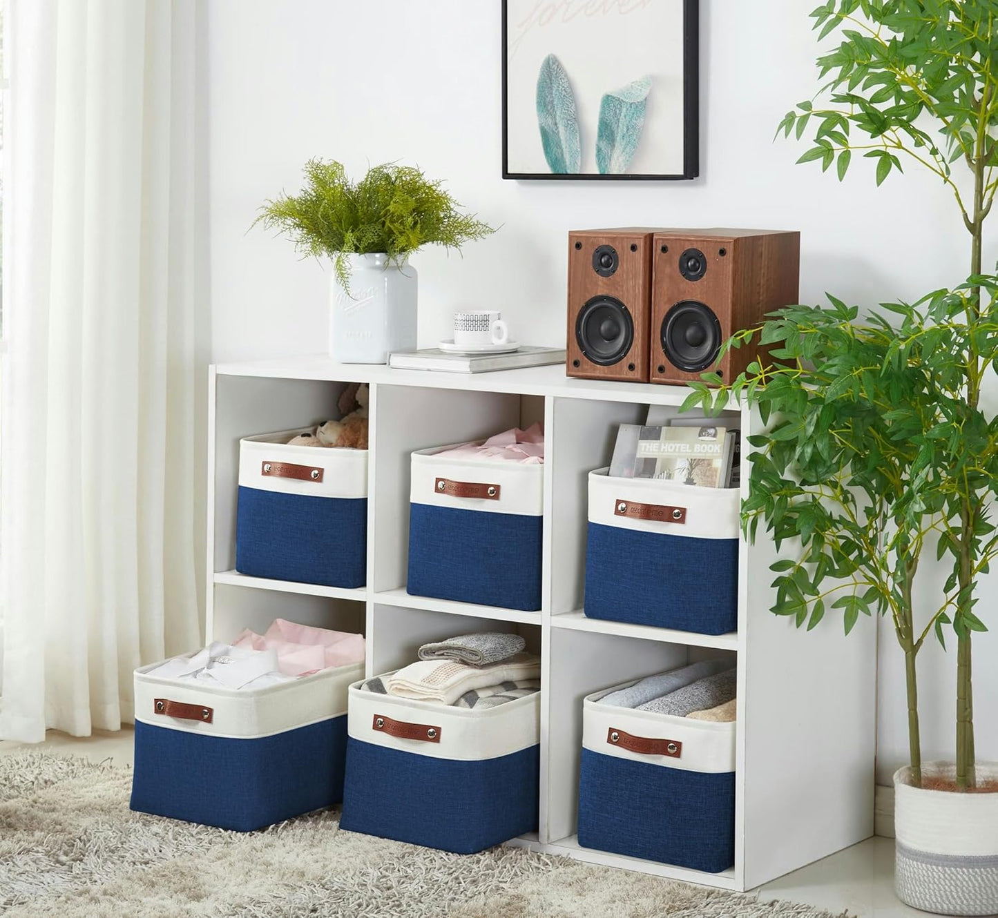 DECOMOMO Storage Baskets for Shelves - Fabric Storage Bins, Linen Closet Organizers and Storage (Navy Blue & White, Large - 3 Pack)