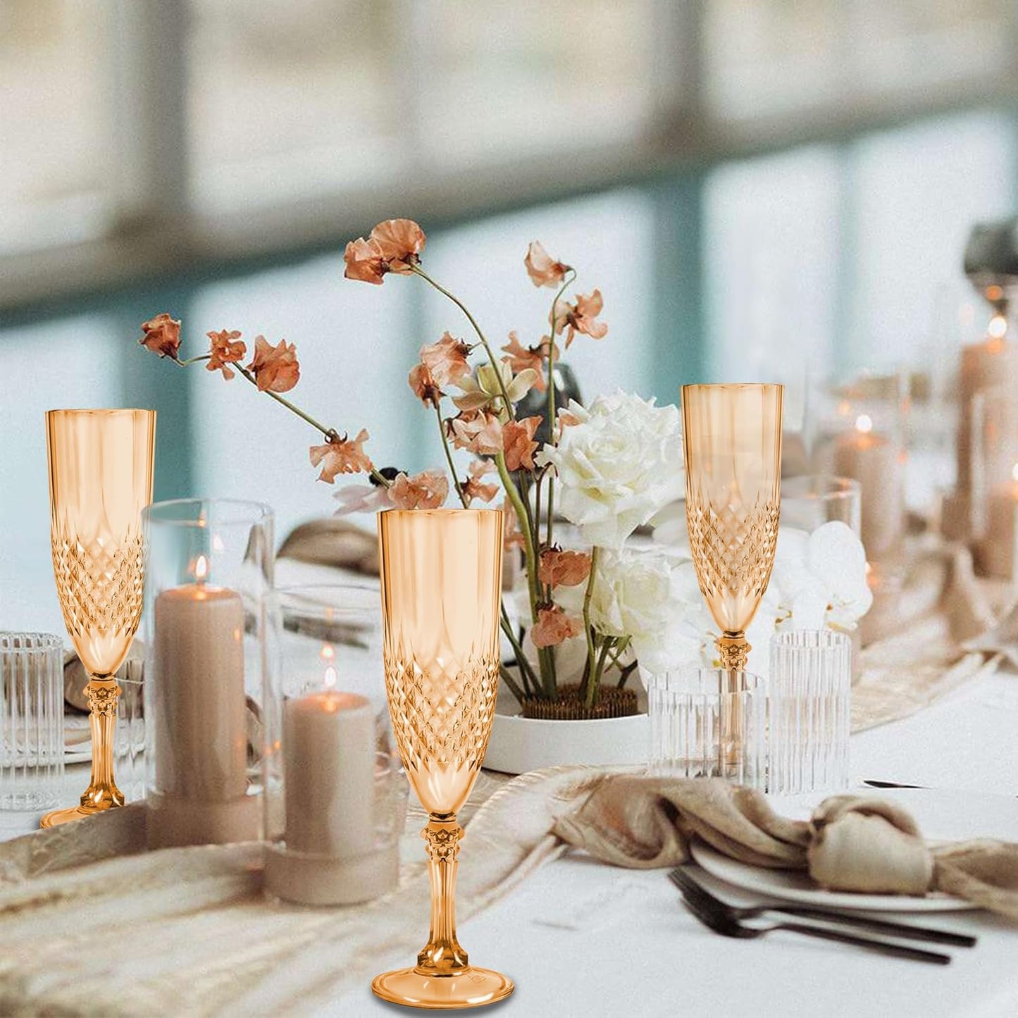 Plastic Champagne Flutes, 48PCS Gold Plastic Wine Glasses Goblets Reusable Champagne Flute for Weddings, Bachelor Parties, Toasting, and Events(48, Gold)