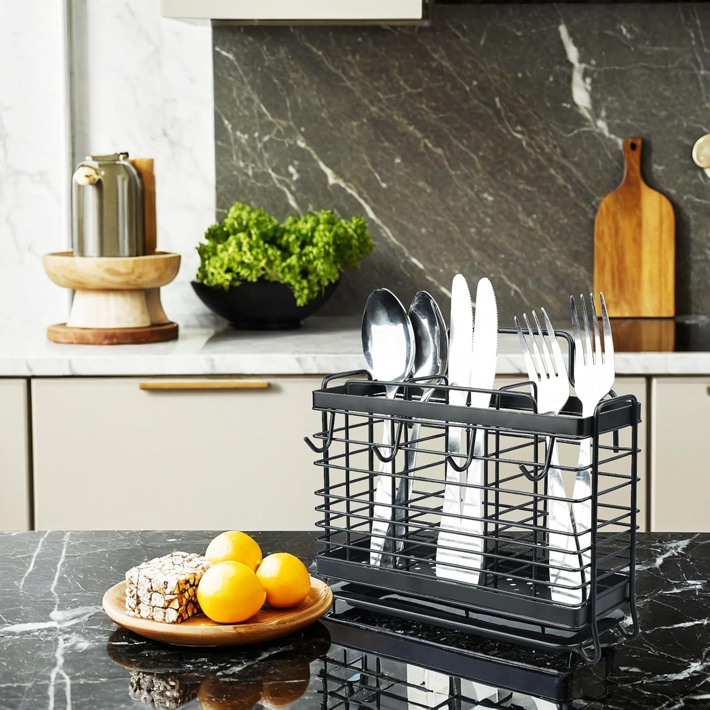 Utensil Holder, Stainless Steel Utensil Drying Rack with Drain Tray, Kitchen Counter Drainer Basket Silverware Cutlery Flatware Holder Forks, Knives, Spoons, Chopsticks Organizer (Black)