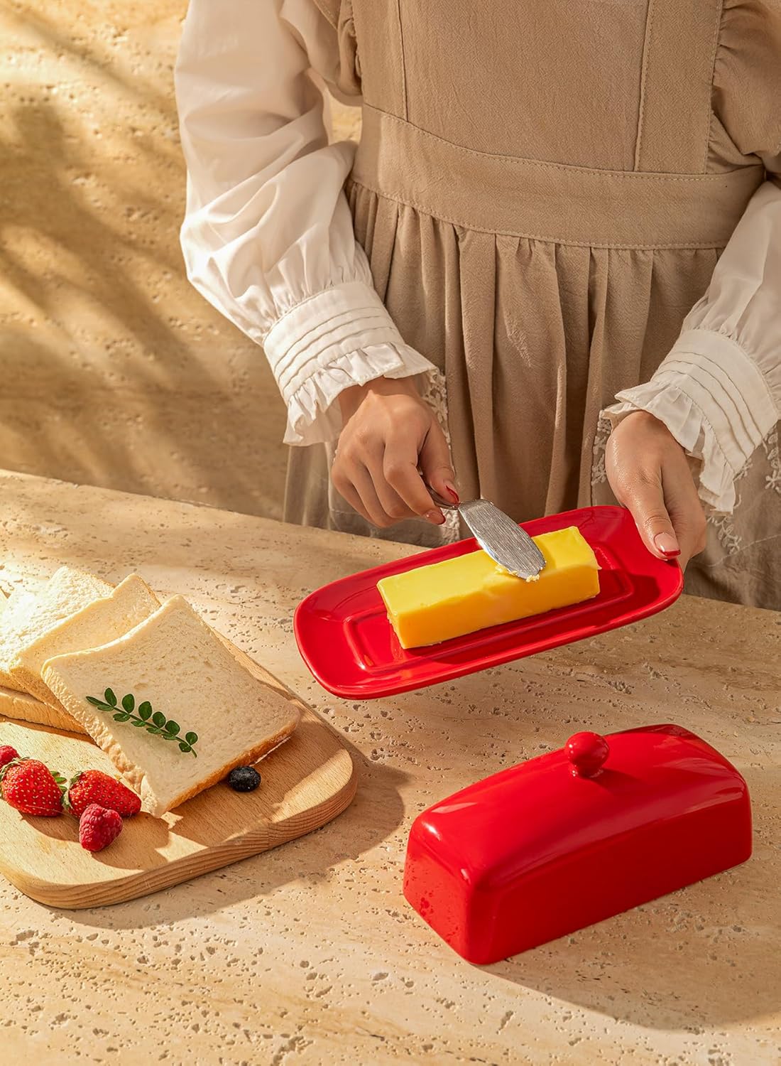 Sweese Butter Dish with Lid, Porcelain Butter Keeper, 7.8 Inch Butter Holder with Handle Cover, Butter Container Perfect for East West Coast Butter, Red