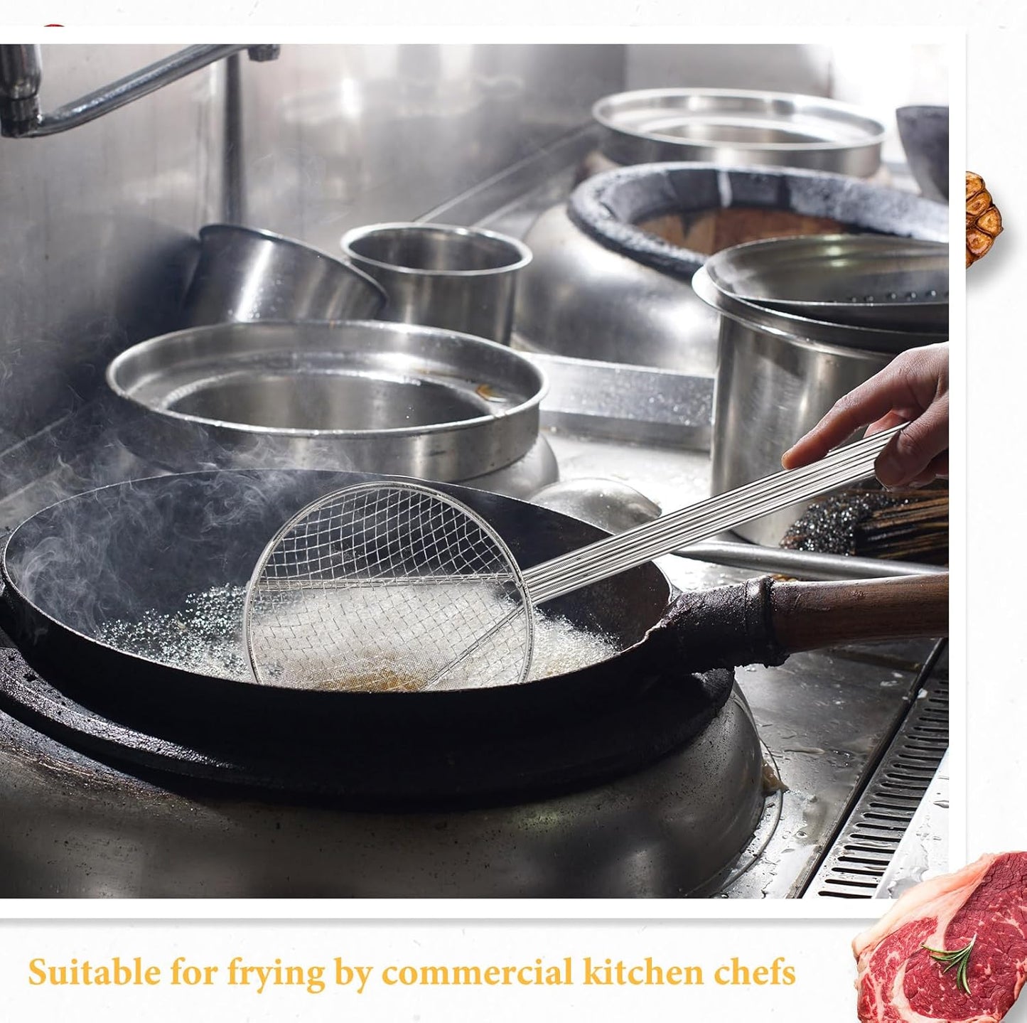 Baderke 2 Pcs 16 Inch Stainless Steel Skimmer Round Plated Wire Strainer Fryer Spoon Mesh Stirring with Long Handle for Kitchen Fried Food Cooking Straining Frying