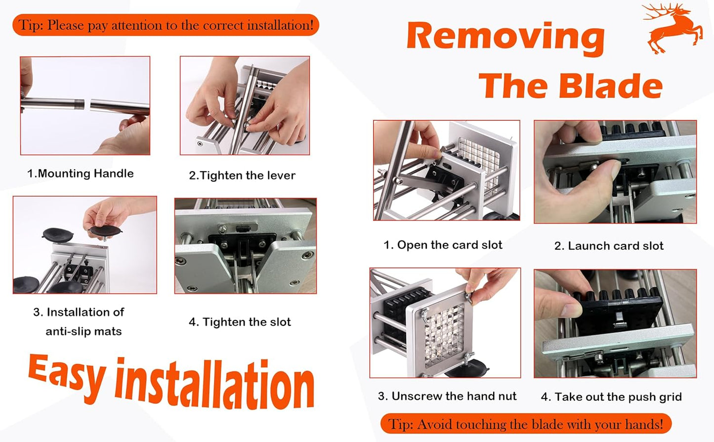 French Fry Cutter,Professional Stainless Steel Potato Cutter, Press Fries with 1/2-Inch and 3/8-Inch Blade Great for Potatoes