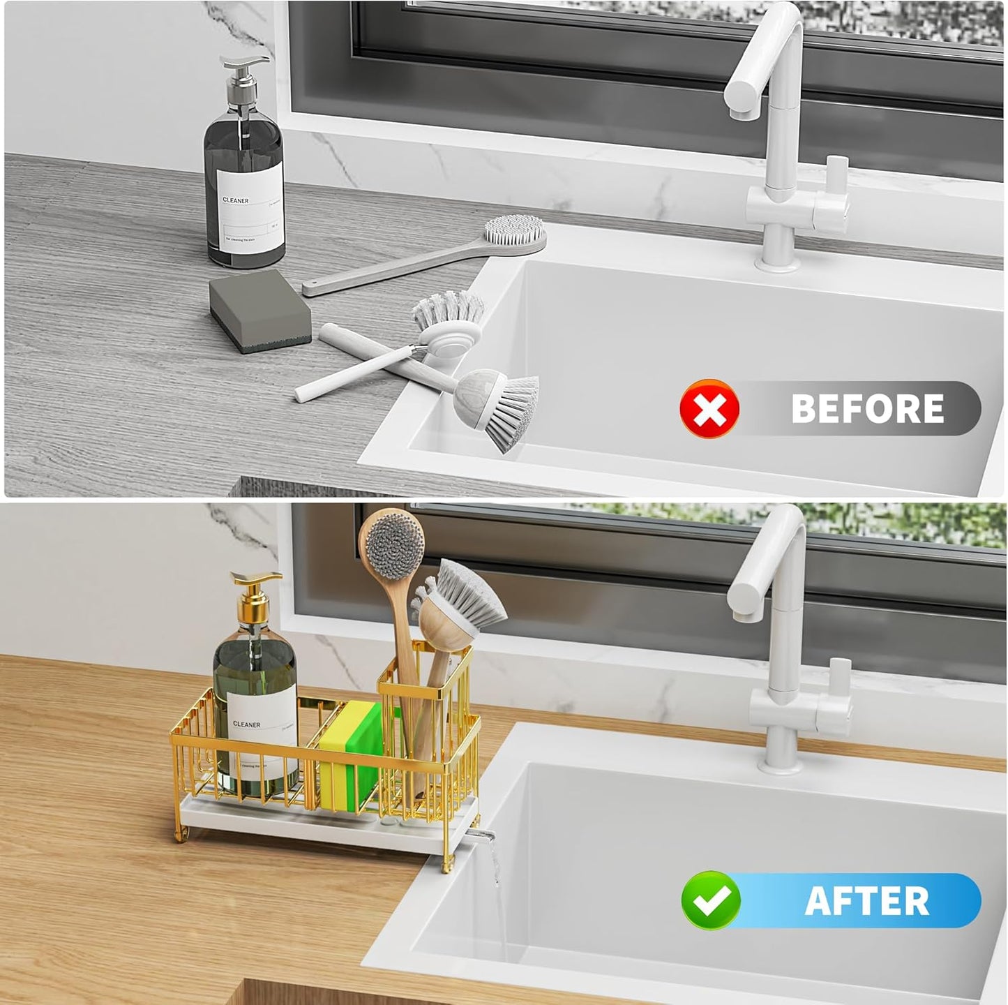 Cisily Gold Sponge Holder for Kitchen Sink, Sink Caddy Organizer with High Brush Holder, Kitchen Countertop Organizers and Storage Essentials, Rustproof 304 Stainless Steel, Soap Dispenser Organize