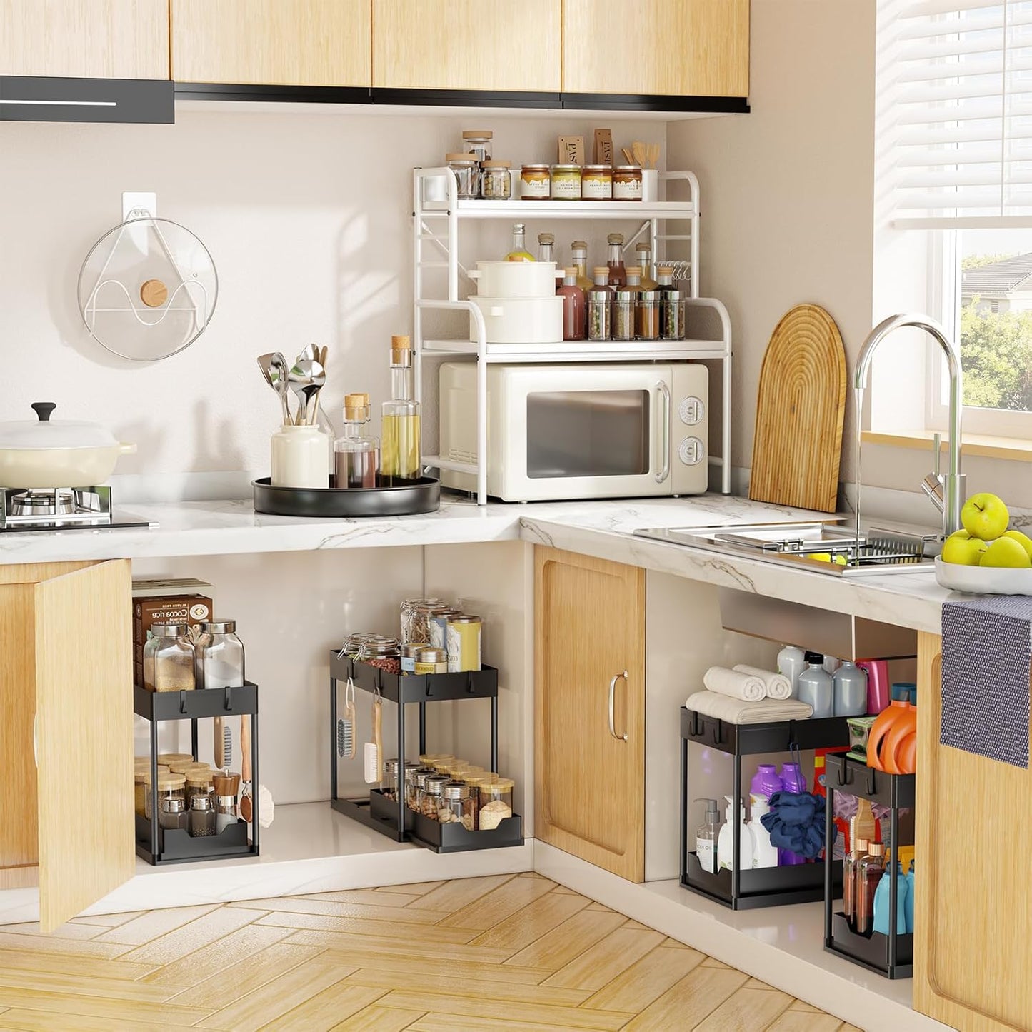 Simple Trending Under Sink Organizer 2 Pack, Sink Pull-Out Sliding Storage Cabinet, 2-Tier Under Shelf Organizer for Kitchen Bathroom, Black