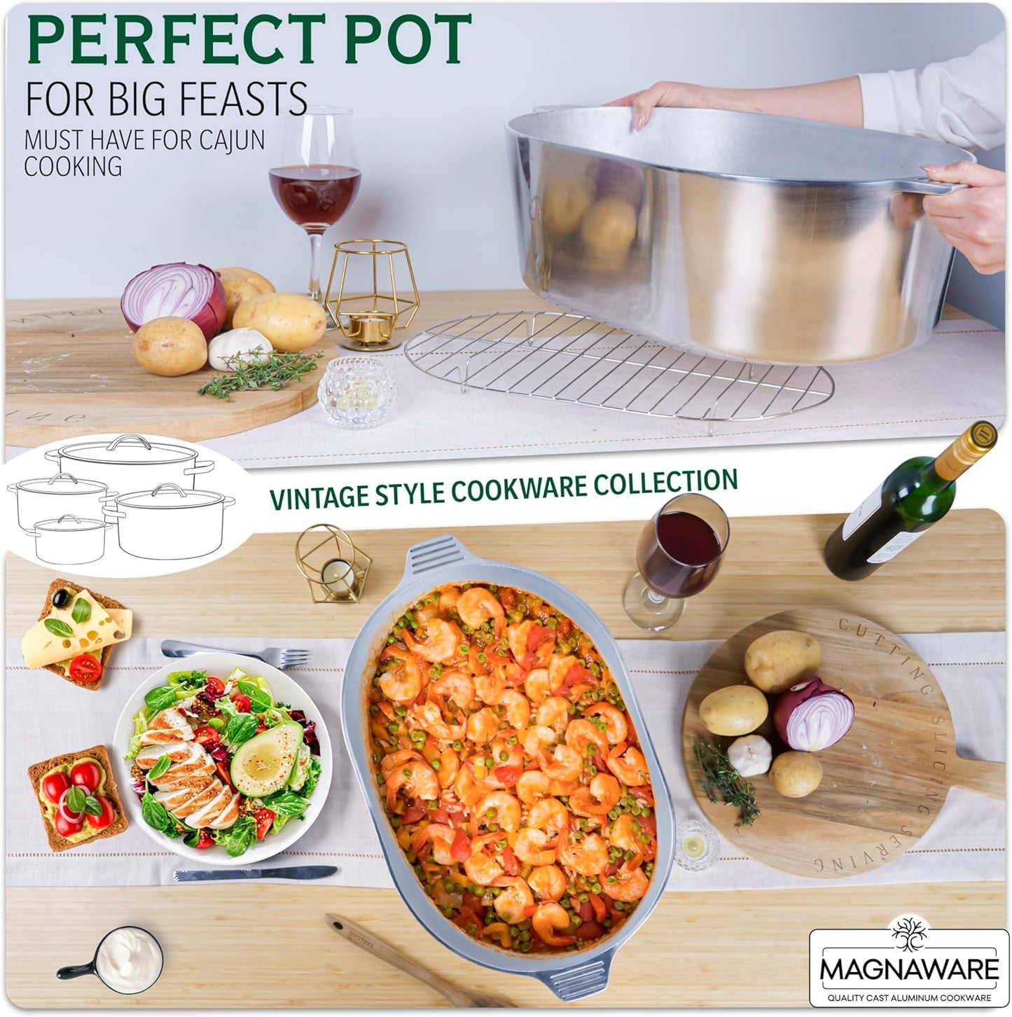 Cast Aluminum Oval Dutch Oven with Lid — 12.6 QT Heavy Duty Roaster Pan with Rack & Silicone Cover Dual Handles — Cajun Cookware for Roasting, Baking, Cooking (18" X-Large)