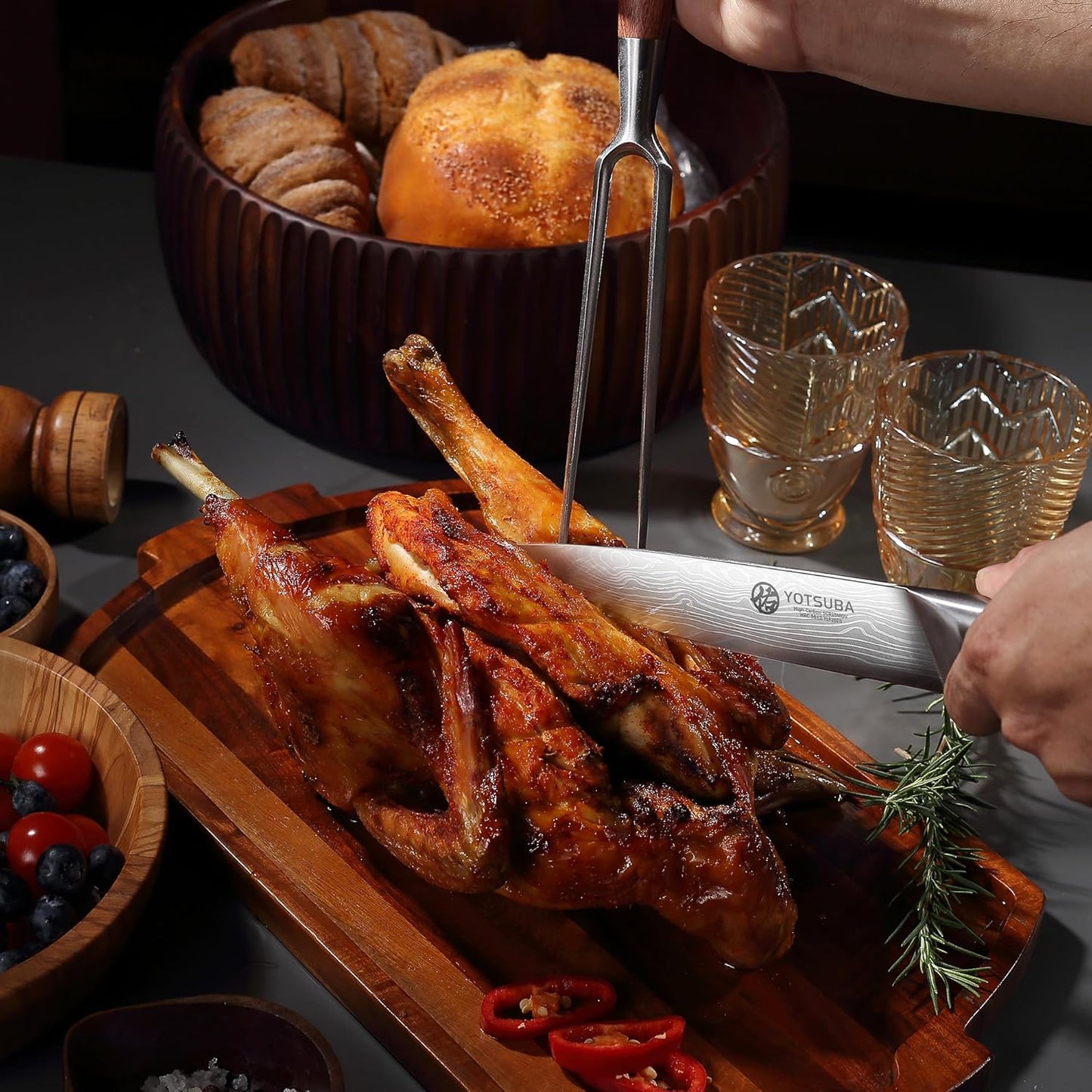 YOTSUBA Carving Knife and Fork Set, Meat Cutting Knife, Razor-Sharp German Stainless Steel Knives Fork Set with Ergonomic Wood Handle, Slicing Knives for Meats, BBQ & Vegetables