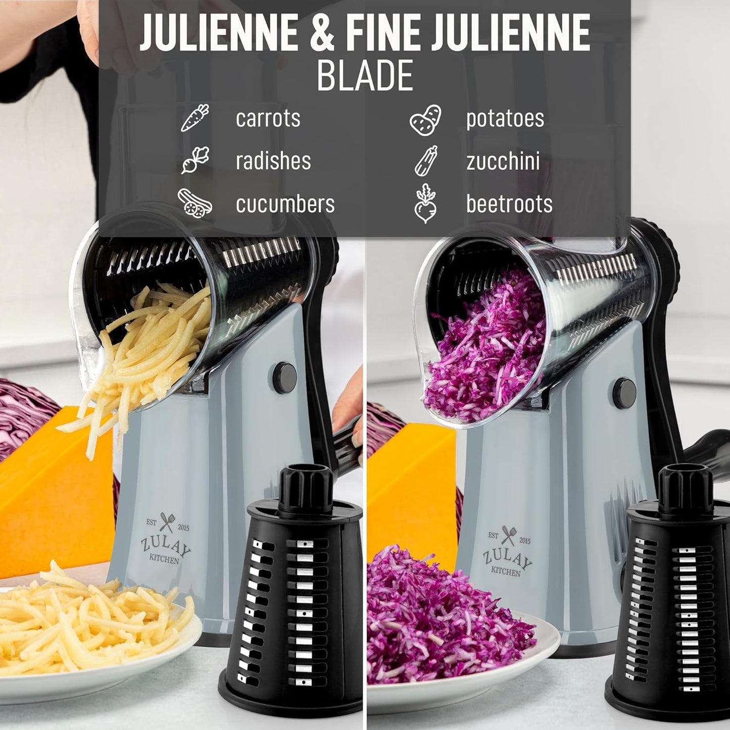 Zulay Kitchen Rotary Cheese Grater 5 Blade Cheese Shredder - Manual Hand Crank Cheese Grater With Reinforced Suction & 5 Interchangeable Drums - Easy to Use, Vegetable Chopper Round Mandoline Slicer