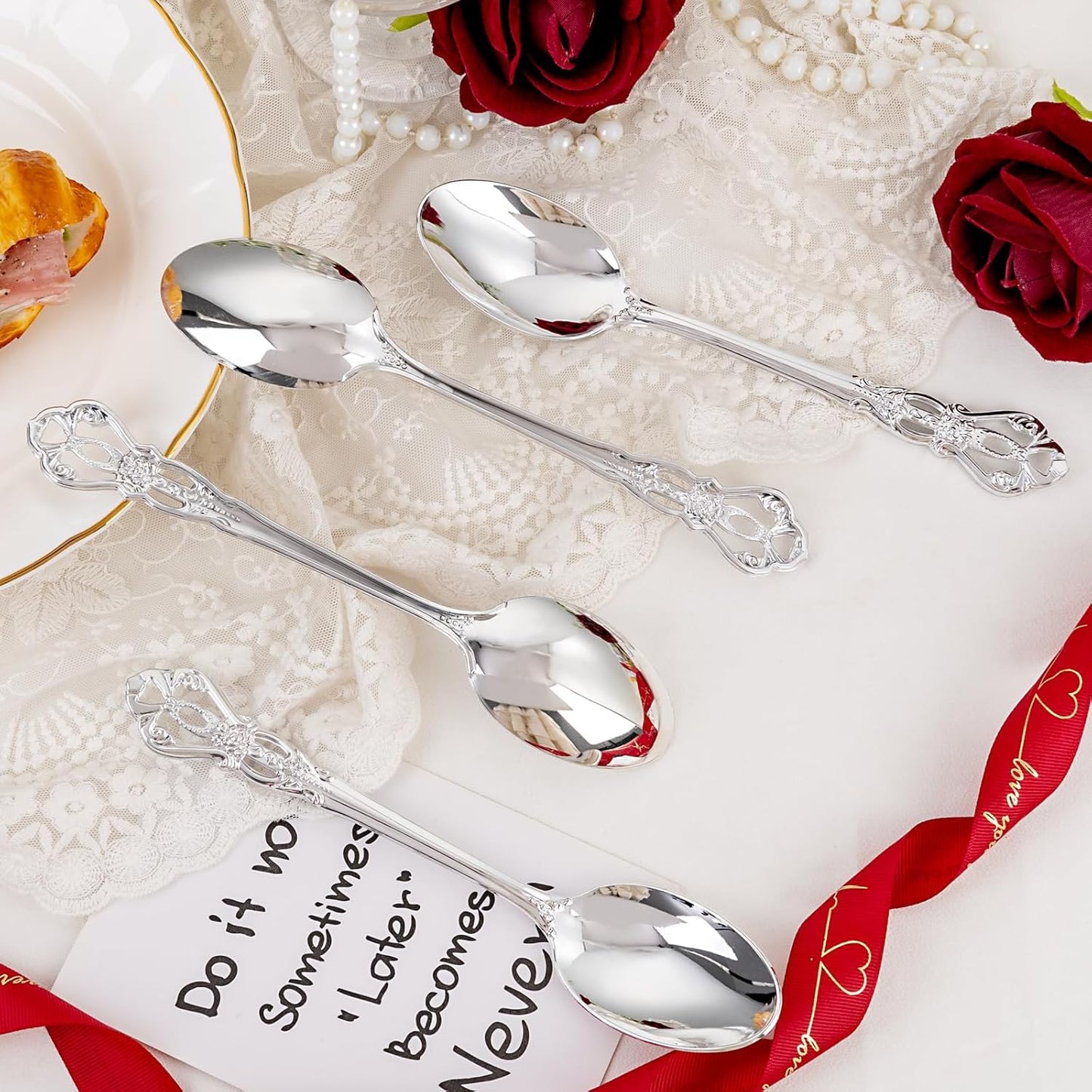 30PCS Silver Plastic Spoons - Silver Spoons Disposable - 8.1 Inch Heavy Duty Plastic Silverware - Heavyweight Elegant Disposable Utensils for Catering, Parties, Dinners, Weddings