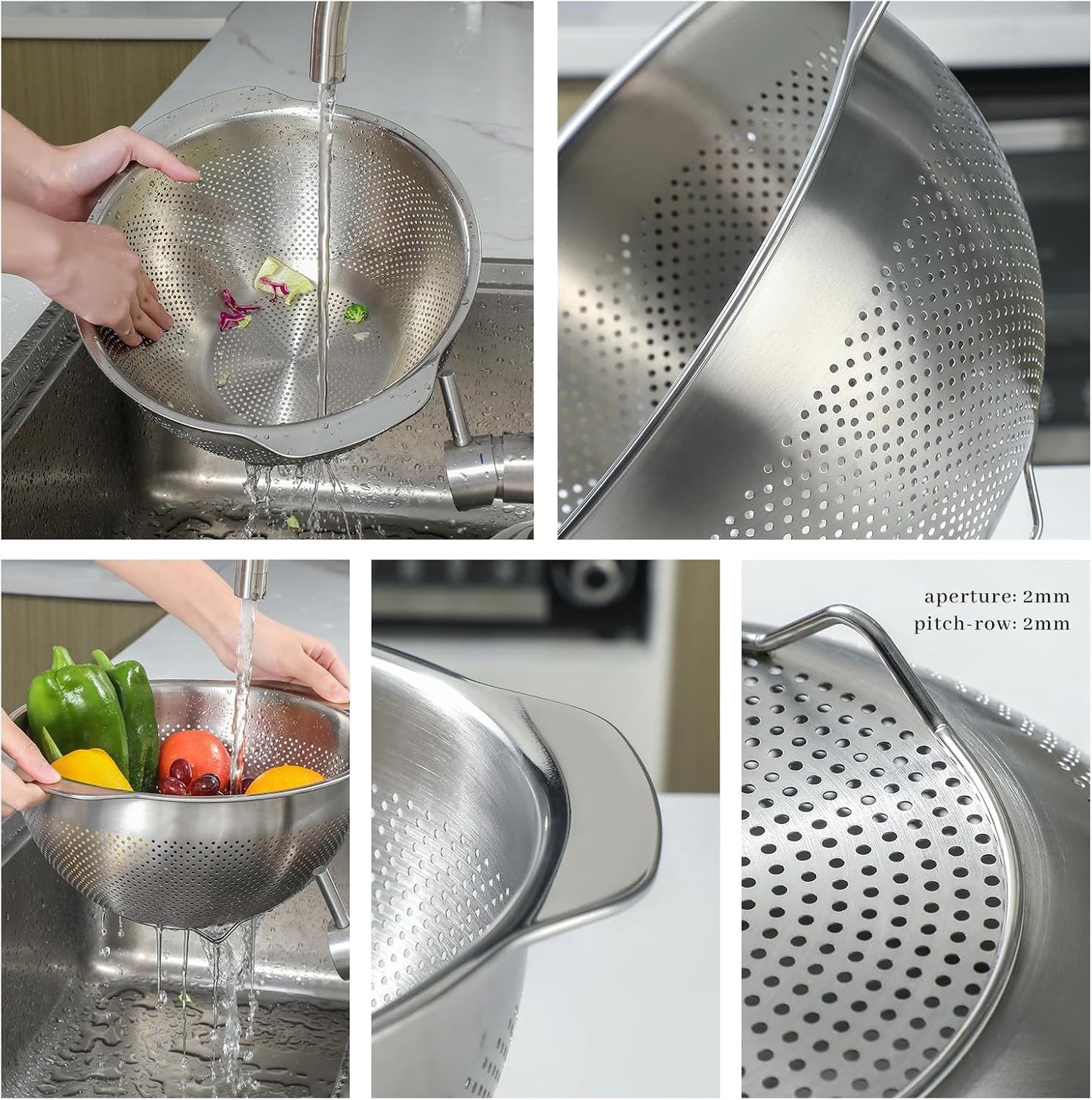 18/8 Stainless Steel Microwell Colander, 2.5QT Large Capacity with Handle Kitchen Food Strainer Basket for Washing Vegetables, Fruits, Rice, and Pasta (primary colour, 2.5QT)