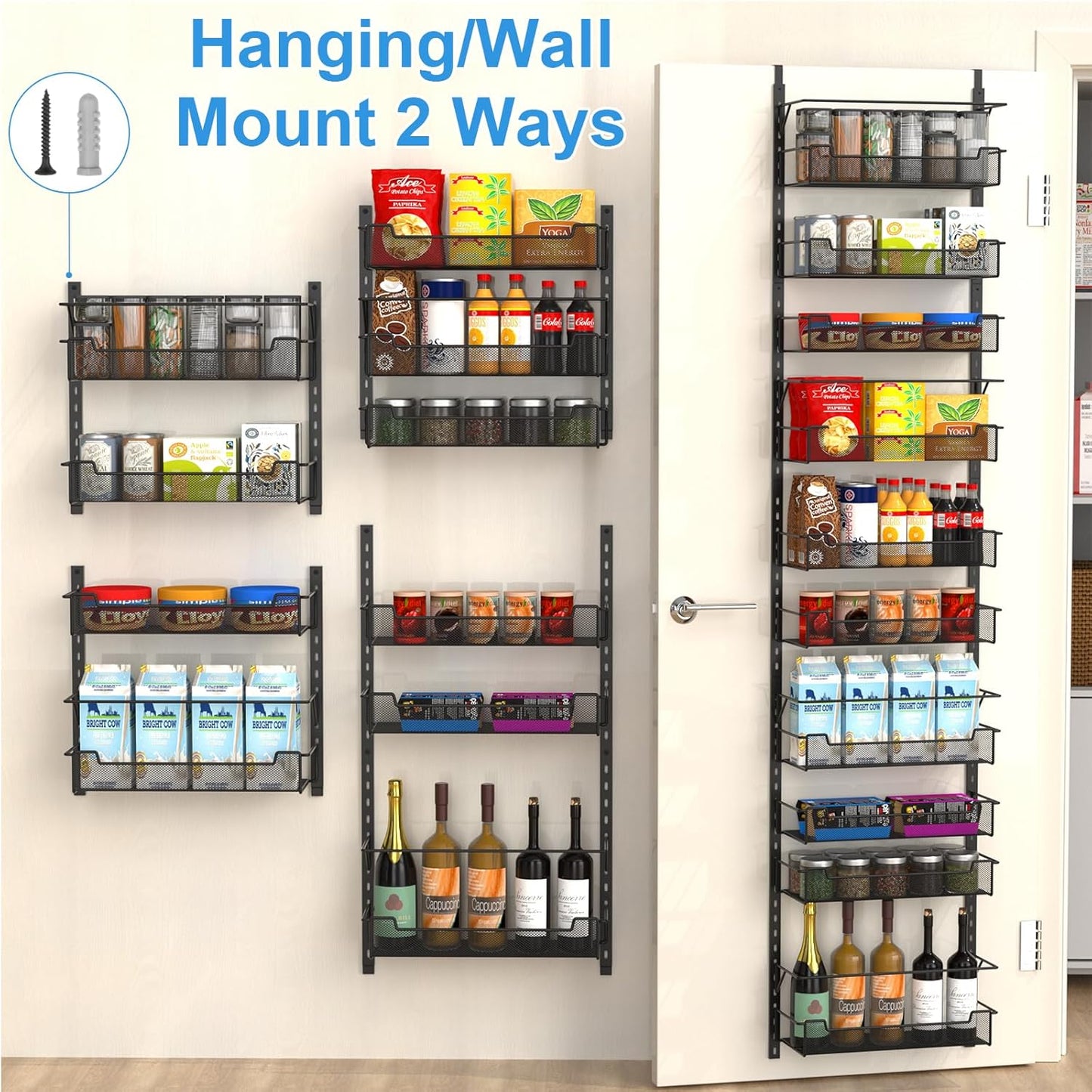 Over the Door Pantry Organizer, 10-Tier Over the Door Organizer with Adjustable Basket, Door Organization for Pantry Kitchen Storage Room Spice Rack, Black