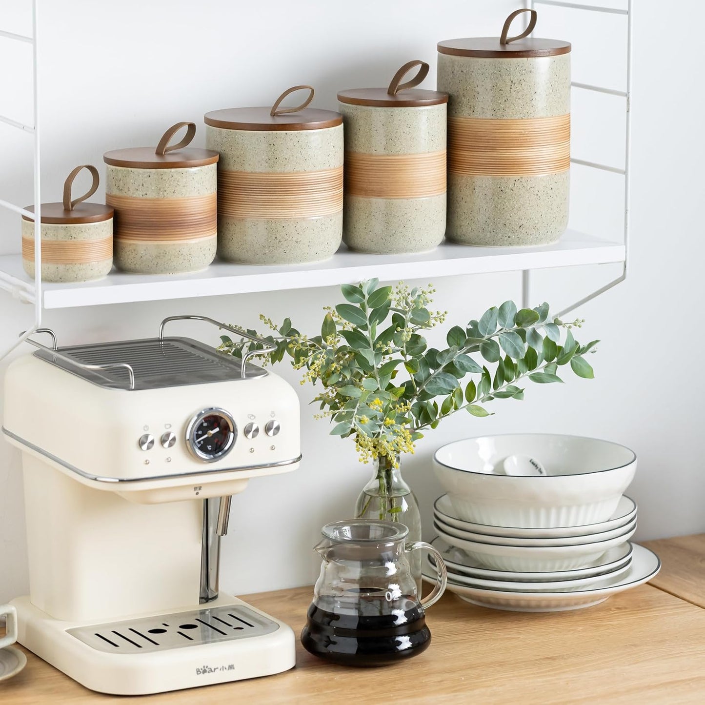 Ceramic Jar with Lid Airtight, Coffee Container Kitchen Food Storage Jars for Spice Sugar Tea Bag, Stackable Decorative Jars for Countertop, 18 fl.oz