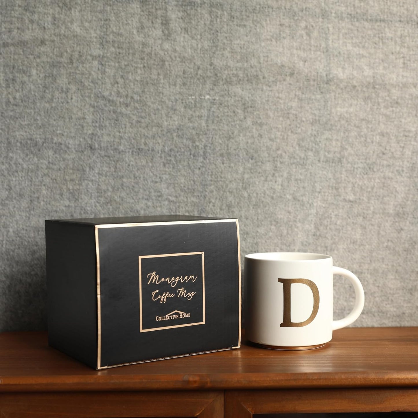 COLLECTIVE HOME - Monogram Ceramic Mugs, 15 oz Golden Initial Coffee Cups, Elegant Alphabet Tea Mugs, Elegant Personalized Mug with Gift Box, Unique Mug with Double Side Capital Letter (D)