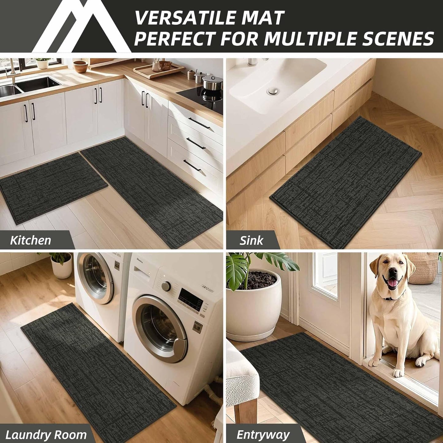 COSY HOMEER Kitchen Rugs Non Slip Washable 24"x36"+24"x60" Absorbent Soft Kitchen Mats for Floor Polyester Kitchen Runner Rug Sets of 2 Kitchen Floor Mats for Sink Mat,Hallway,Laundry,Dark Grey