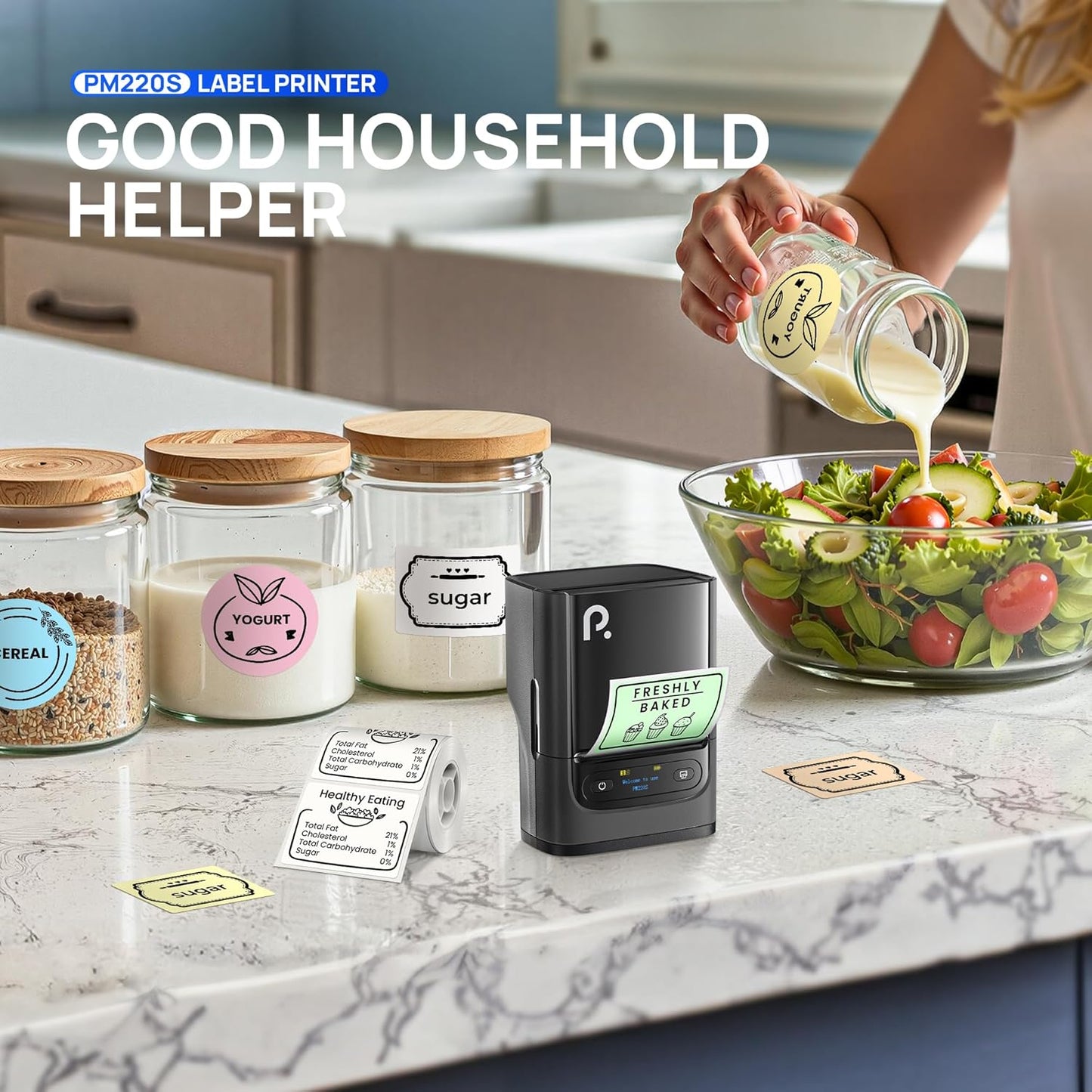 PM220S Label Maker Machine with Tape, 2 Inch Bluethooth Portable Thermal Label Printer for Small Business, Office, Home, Sticker Printer for Phone and PC, Black