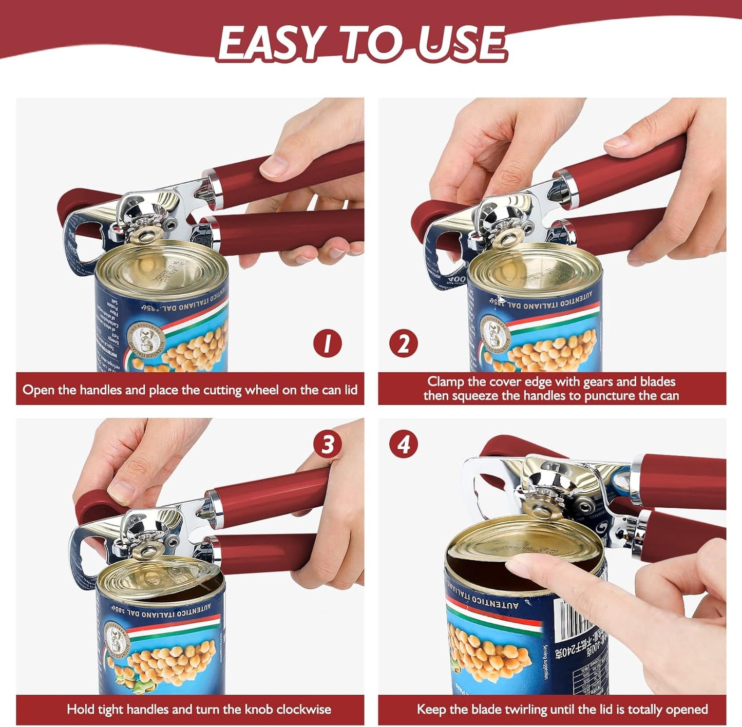 10 Colors Can Opener Manual Handheld Heavy Duty Hand Can Opener Smooth Edge Stainless Steel Can Openers Top Lid Kitchen Gadgets, Best Large Rated Easy Turn Knob, with Bottle Opener, Burgundy