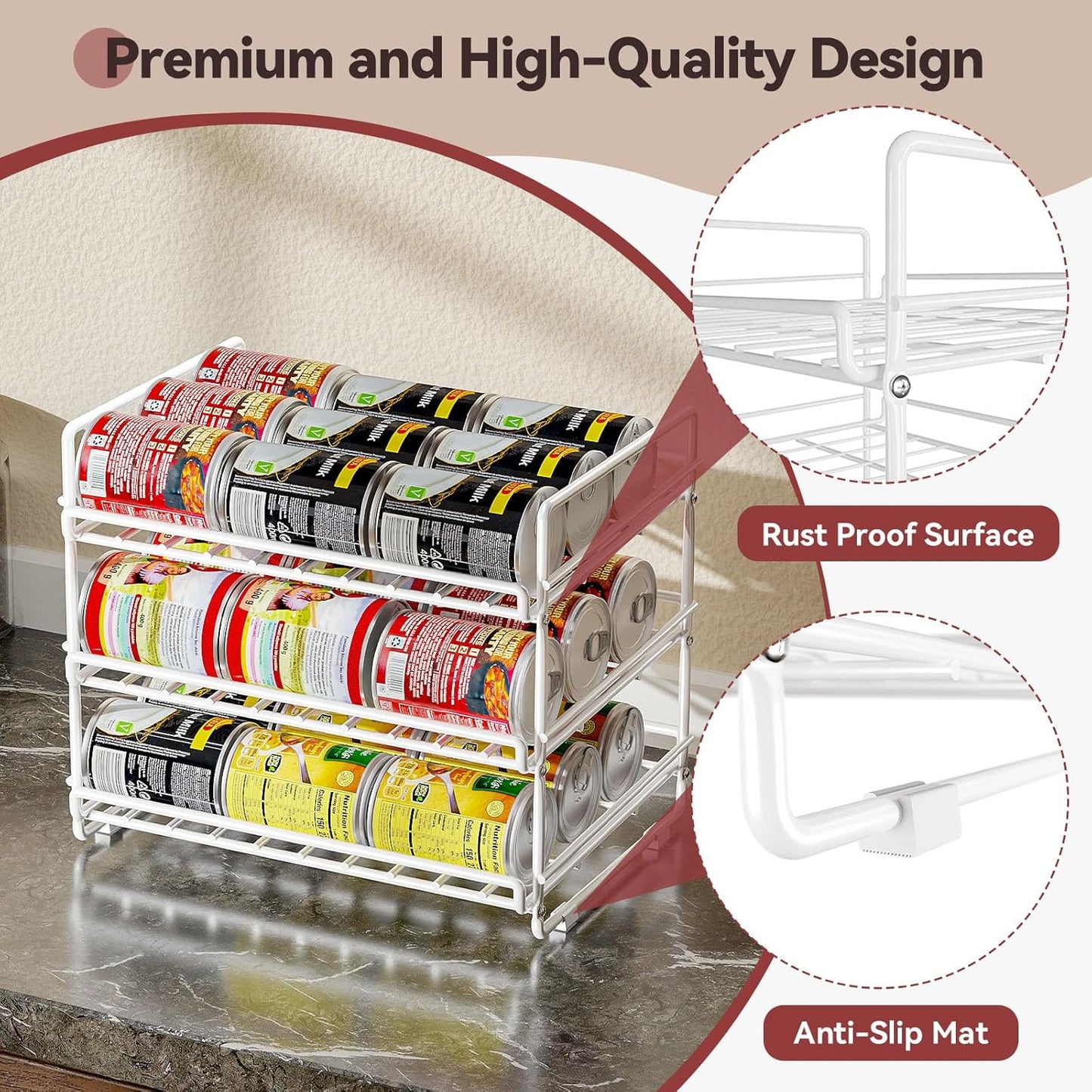 SUFAUY 3 Tier Can Organizer for Pantry, Holds 36 Cans for Cabinet Storage or Kitchen Shelves, 12" d X 16.5" w X 14" h, White